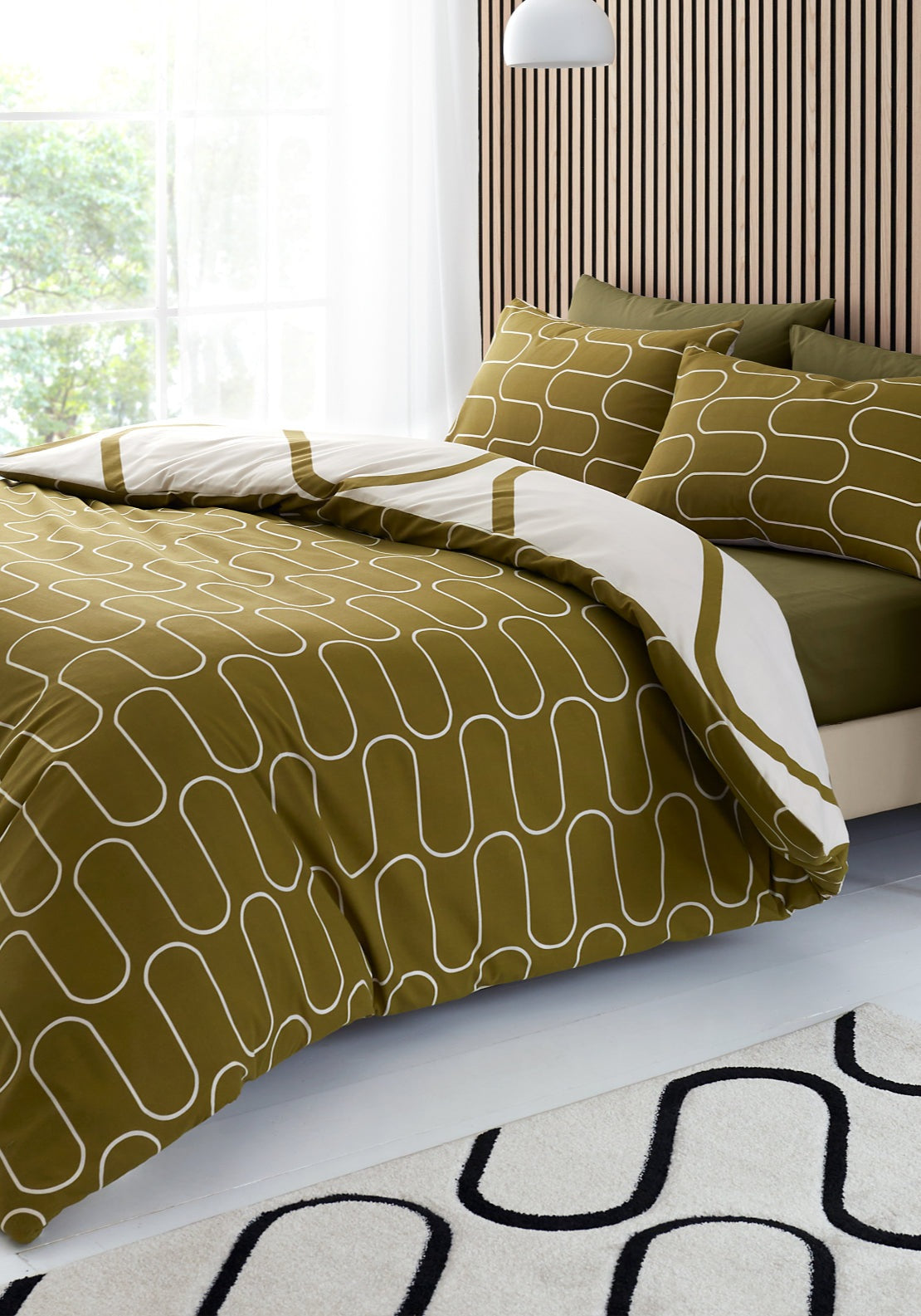 Catherine Lansfield Linear Curve Geometric Reversible Duvet Cover Set - Green 2 Shaws Department Stores
