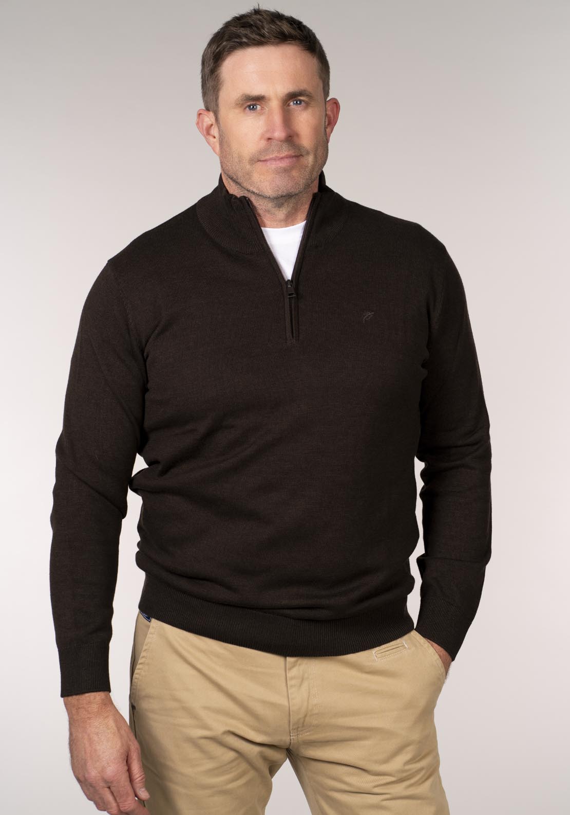 Yeats 1/4 Zip Knitwear - Dark Brown Melange 1 Shaws Department Stores