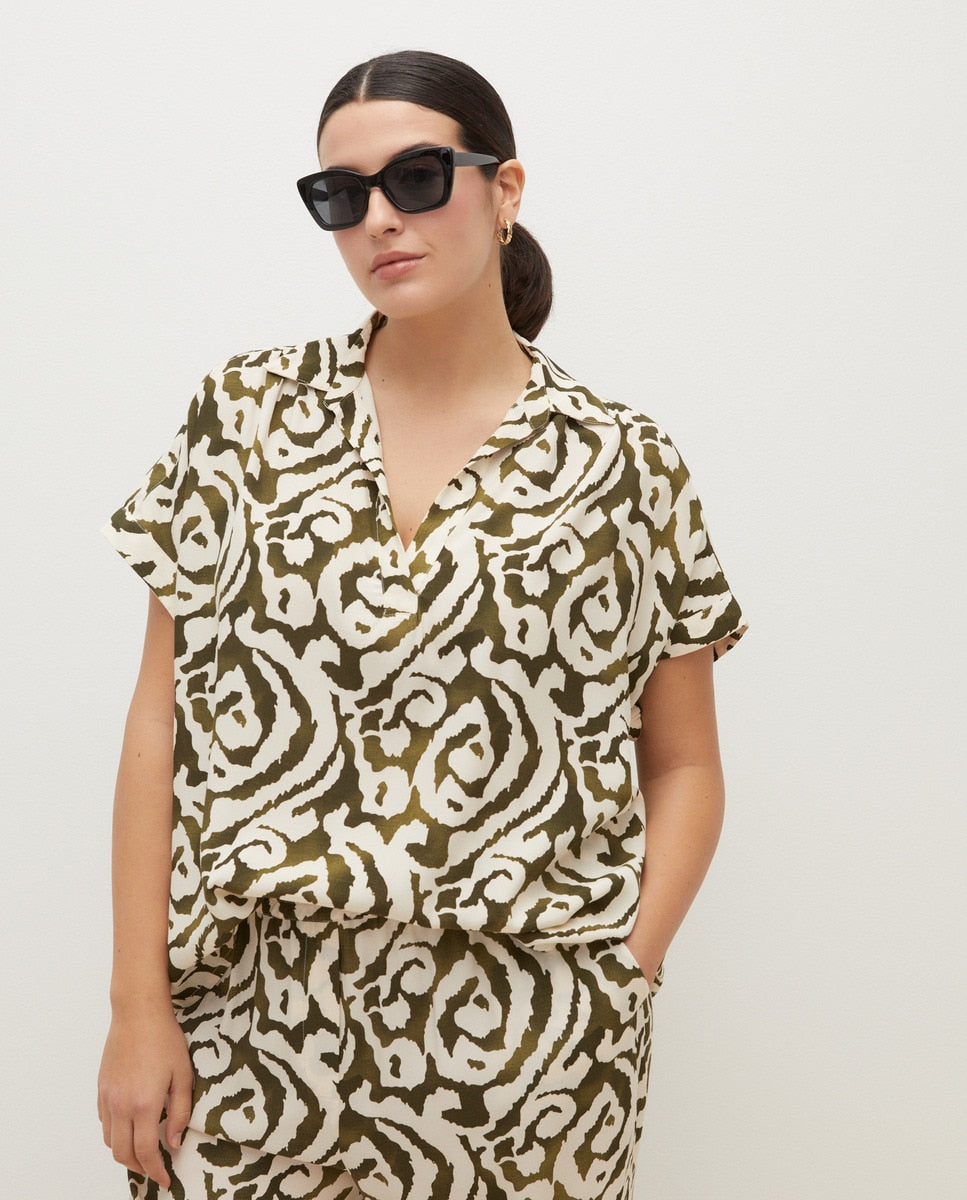Couchel Short Sleeve Blouse - Geometric Green Print 1 Shaws Department Stores