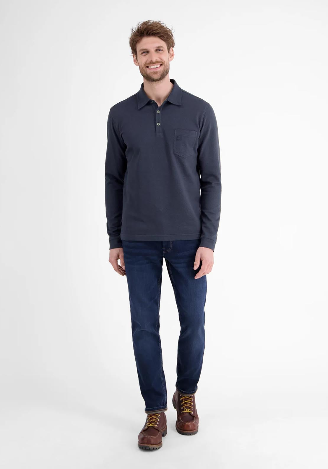 Lerros Long Sleeve Waffle Polo - Classic Navy 4 Shaws Department Stores