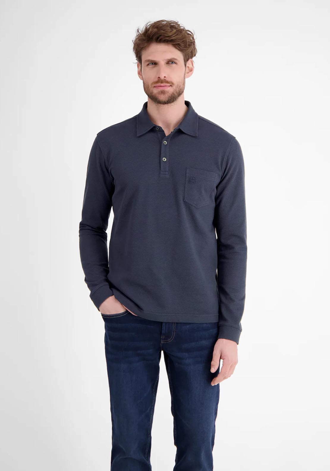 Lerros Long Sleeve Waffle Polo - Classic Navy 1 Shaws Department Stores