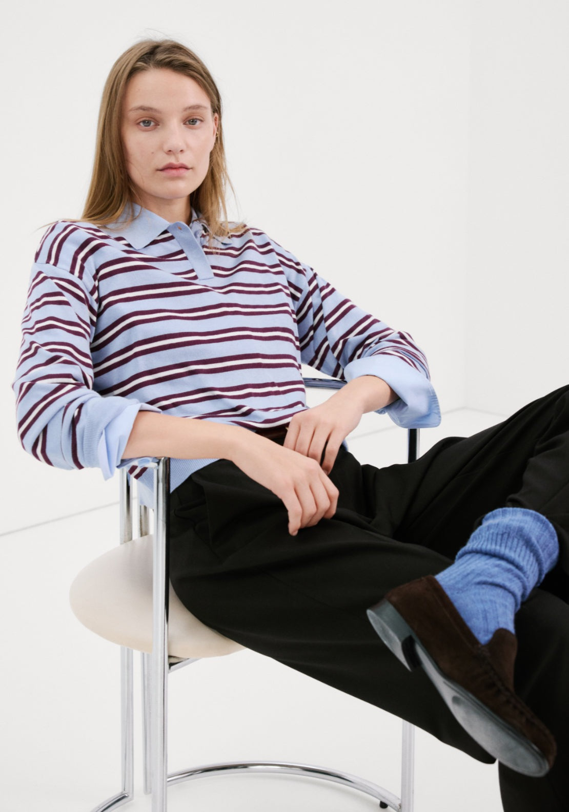 Striped Polo Neck Sweater - Light Blue