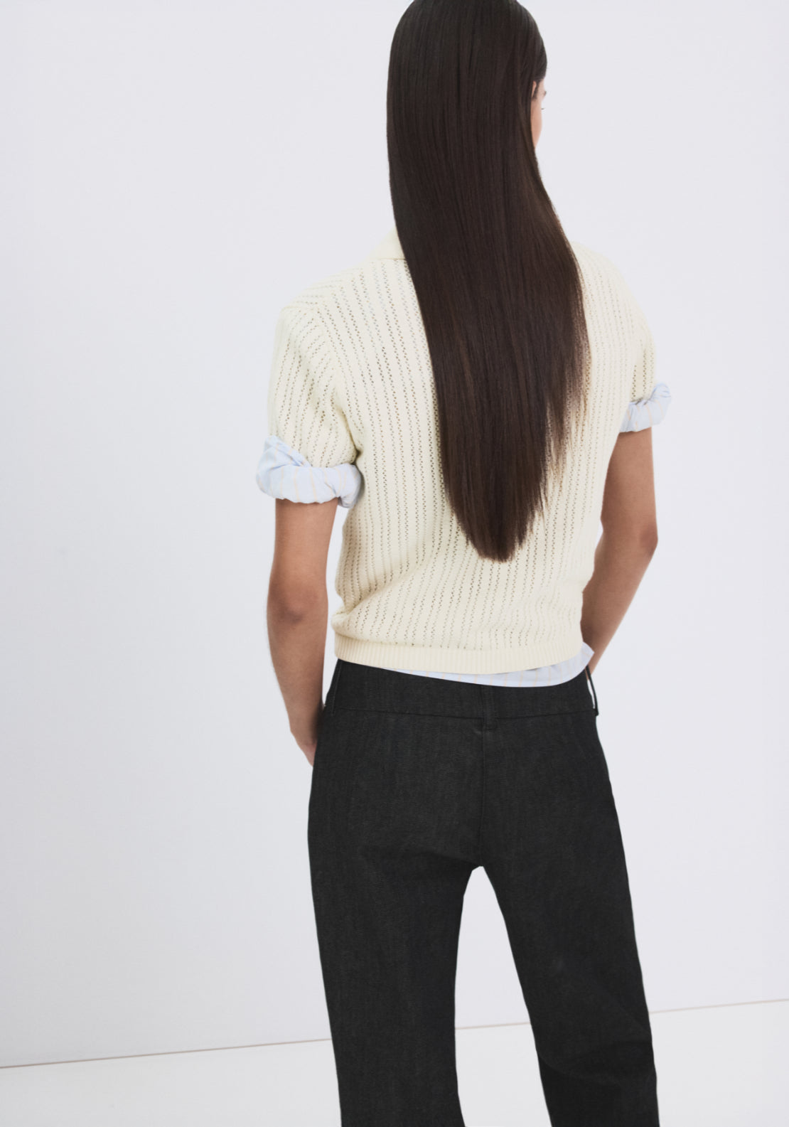 Openwork Knitted Polo Neck Sweater - Cream