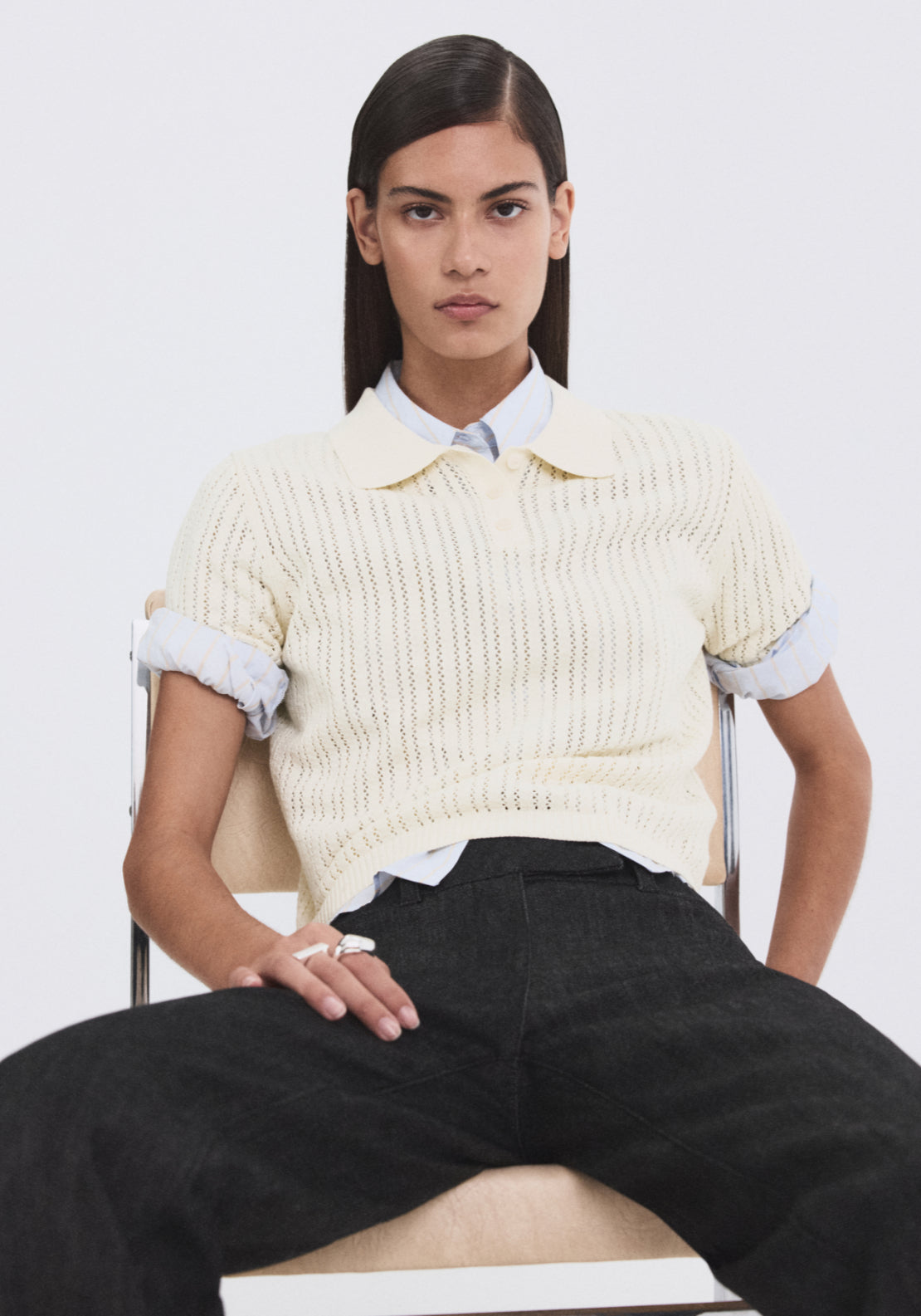 Openwork Knitted Polo Neck Sweater - Cream