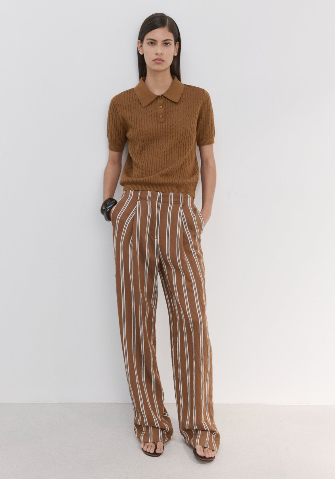Openwork Knitted Polo Neck Sweater - Brown