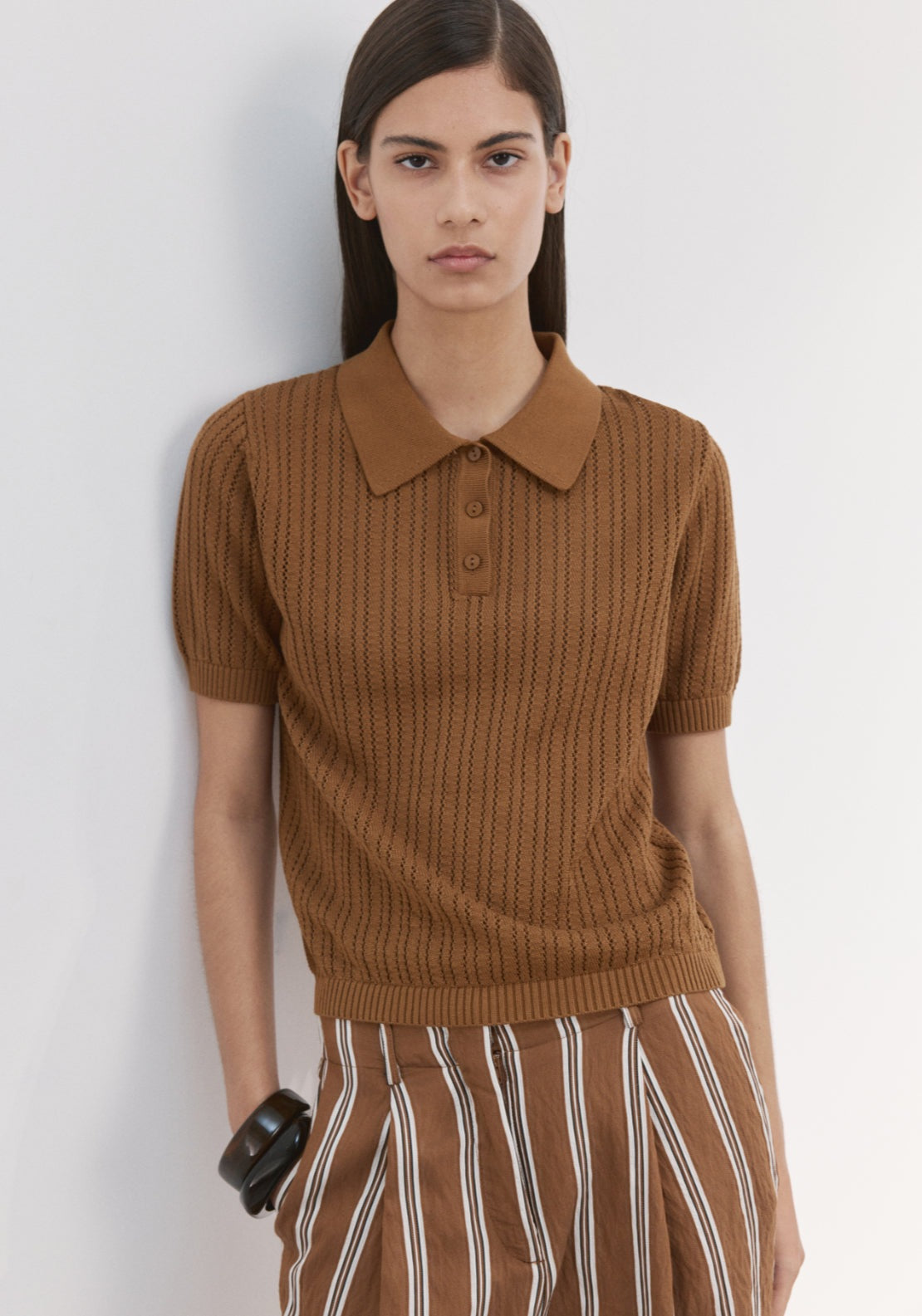Openwork Knitted Polo Neck Sweater - Brown