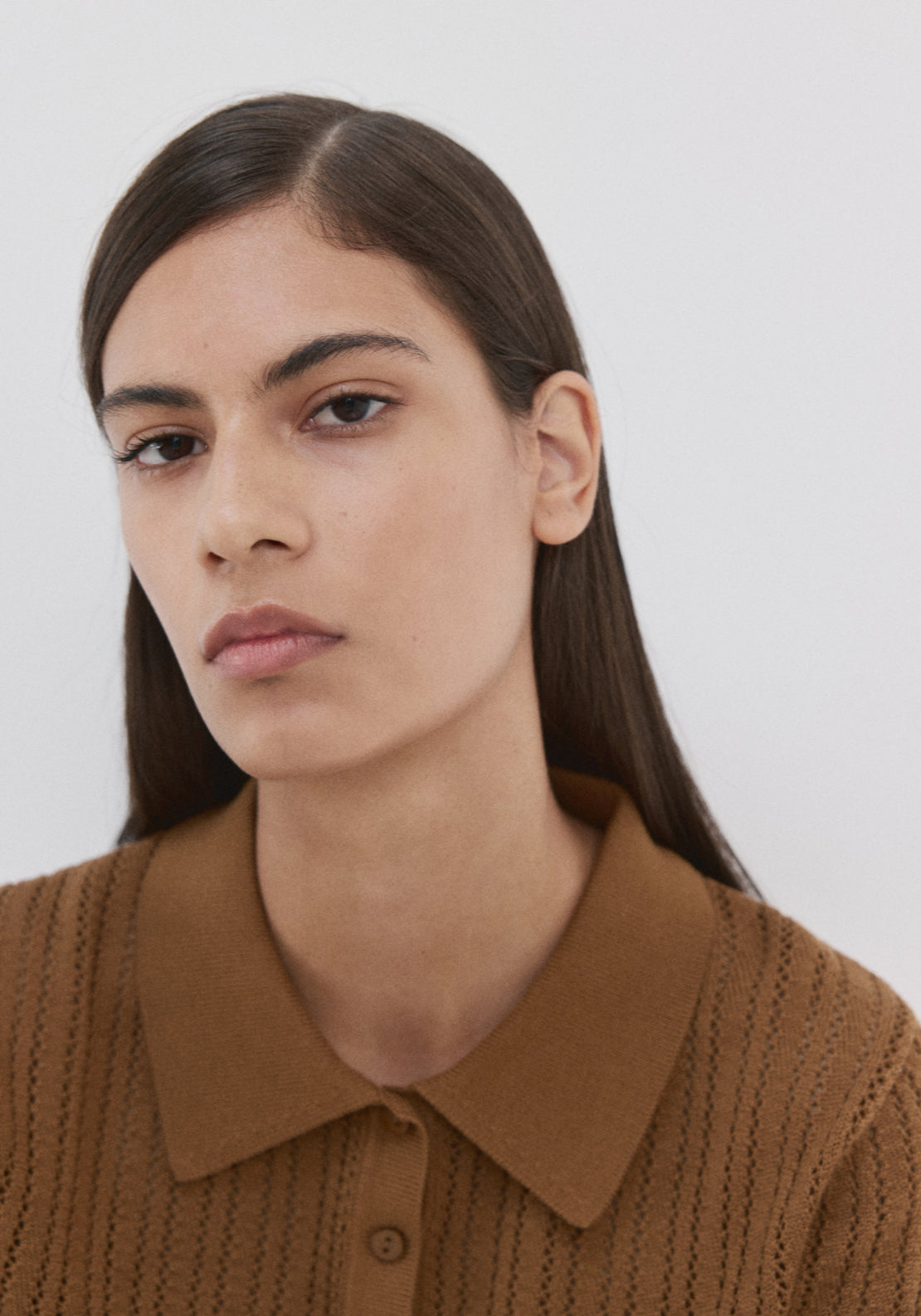 Openwork Knitted Polo Neck Sweater - Brown