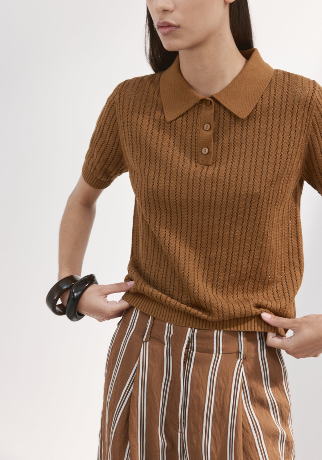 Openwork Knitted Polo Neck Sweater - Brown