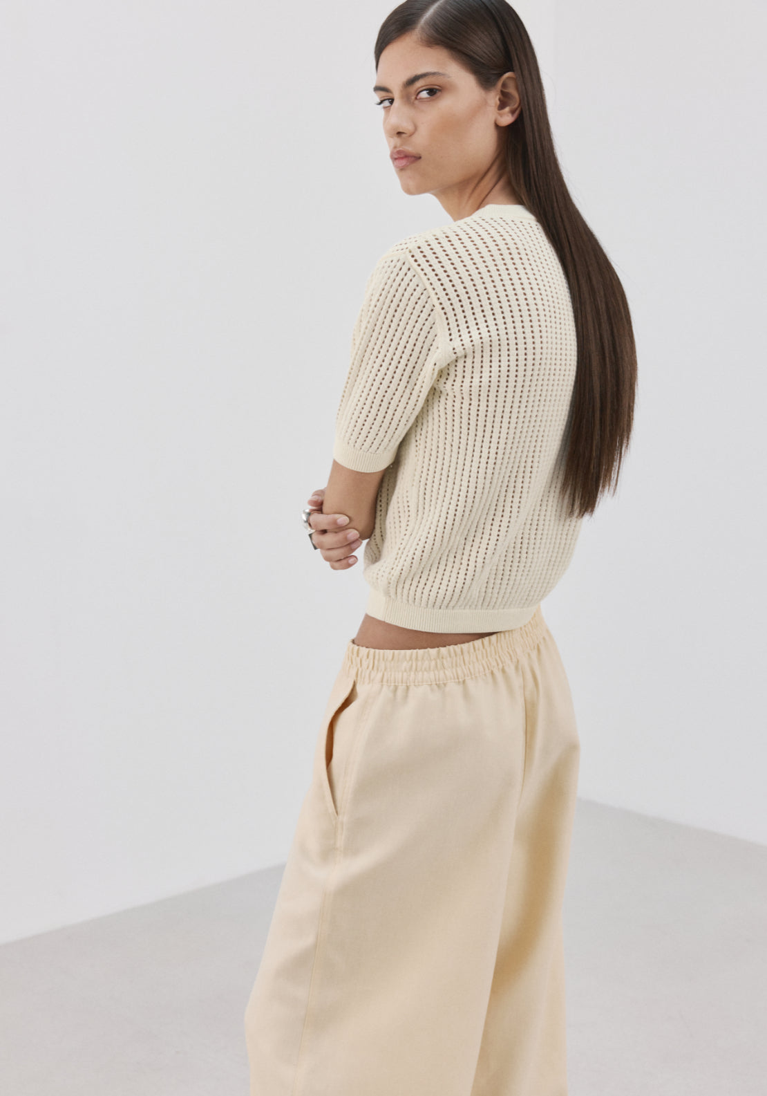 Short Sleeved Openwork Knitted Sweater - Cream