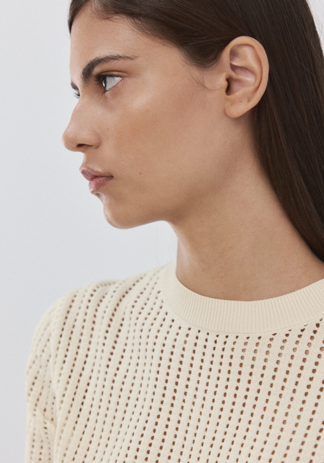 Short Sleeved Openwork Knitted Sweater - Cream