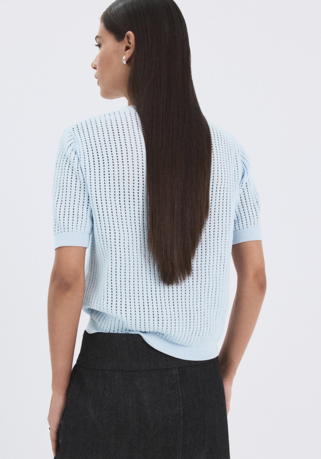 Short Sleeved Openwork Knitted Sweater - Blue