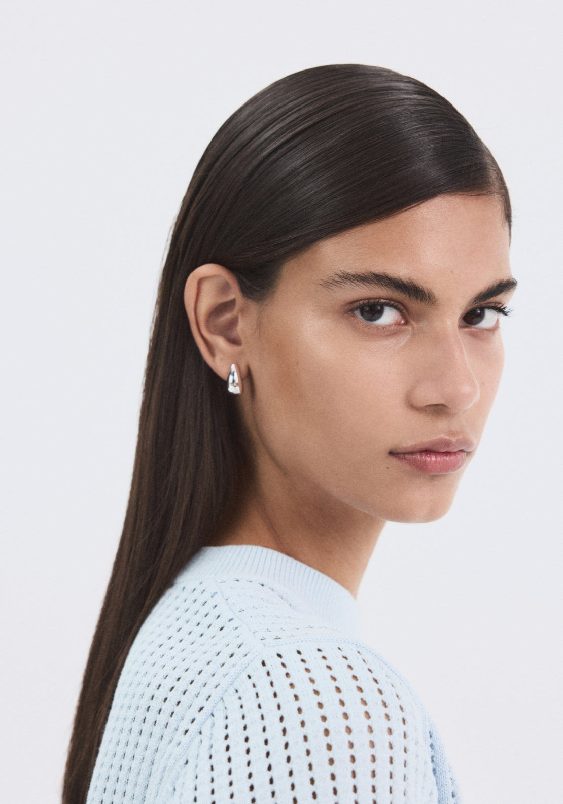 Short Sleeved Openwork Knitted Sweater - Blue