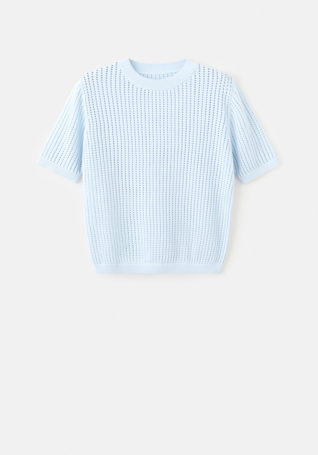 Short Sleeved Openwork Knitted Sweater - Blue