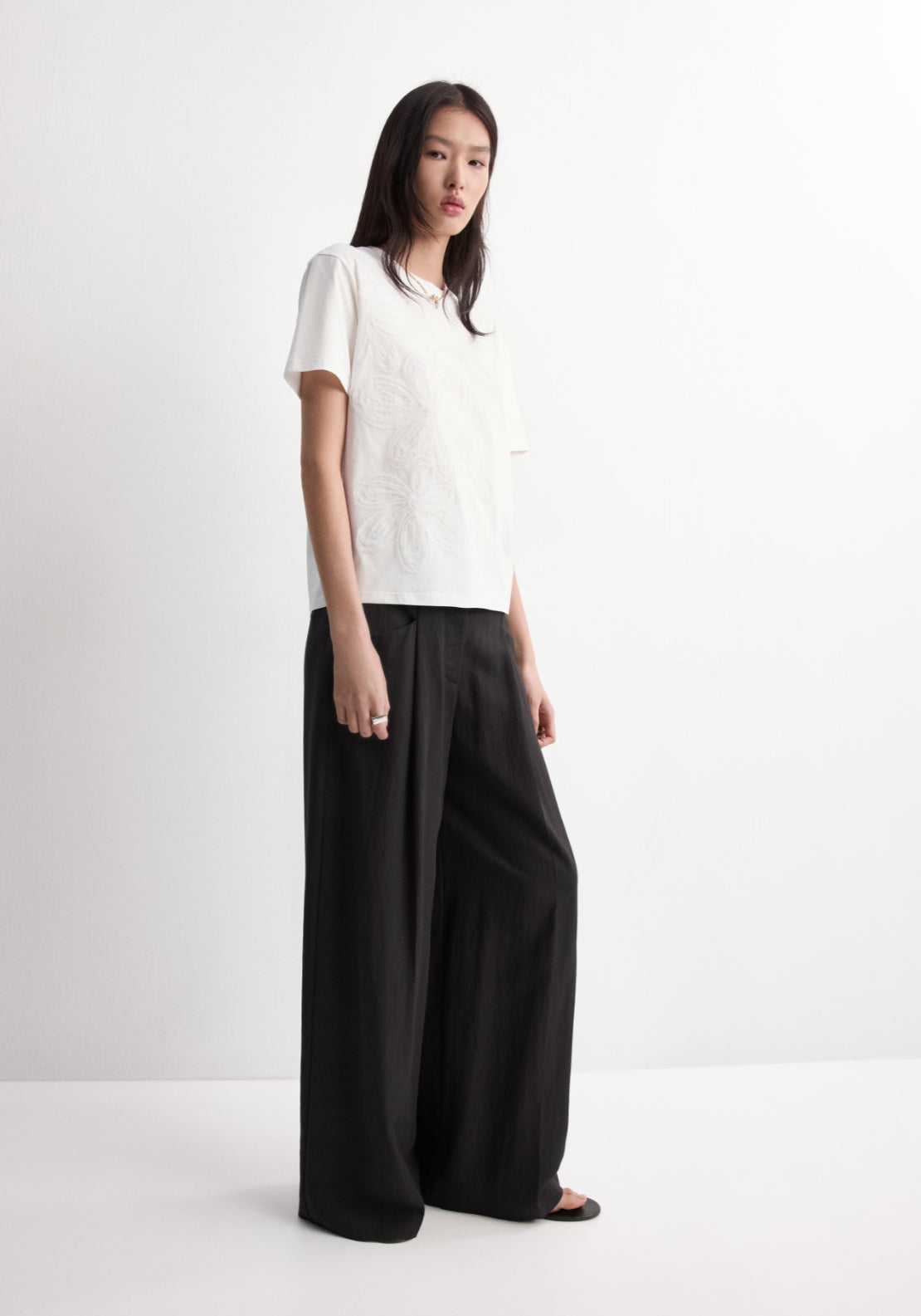 Mango Flower Embroidered Cotton T-Shirt - Cream 1 Shaws Department Stores