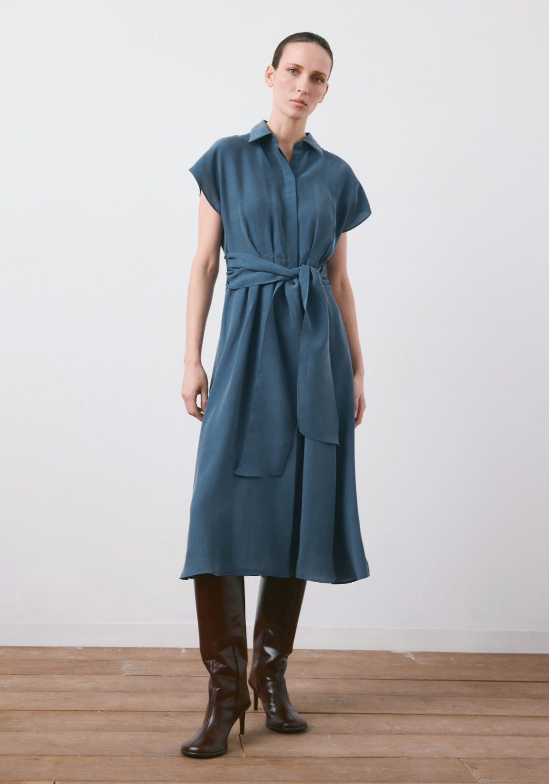 Belted Shirt Dress - Blue