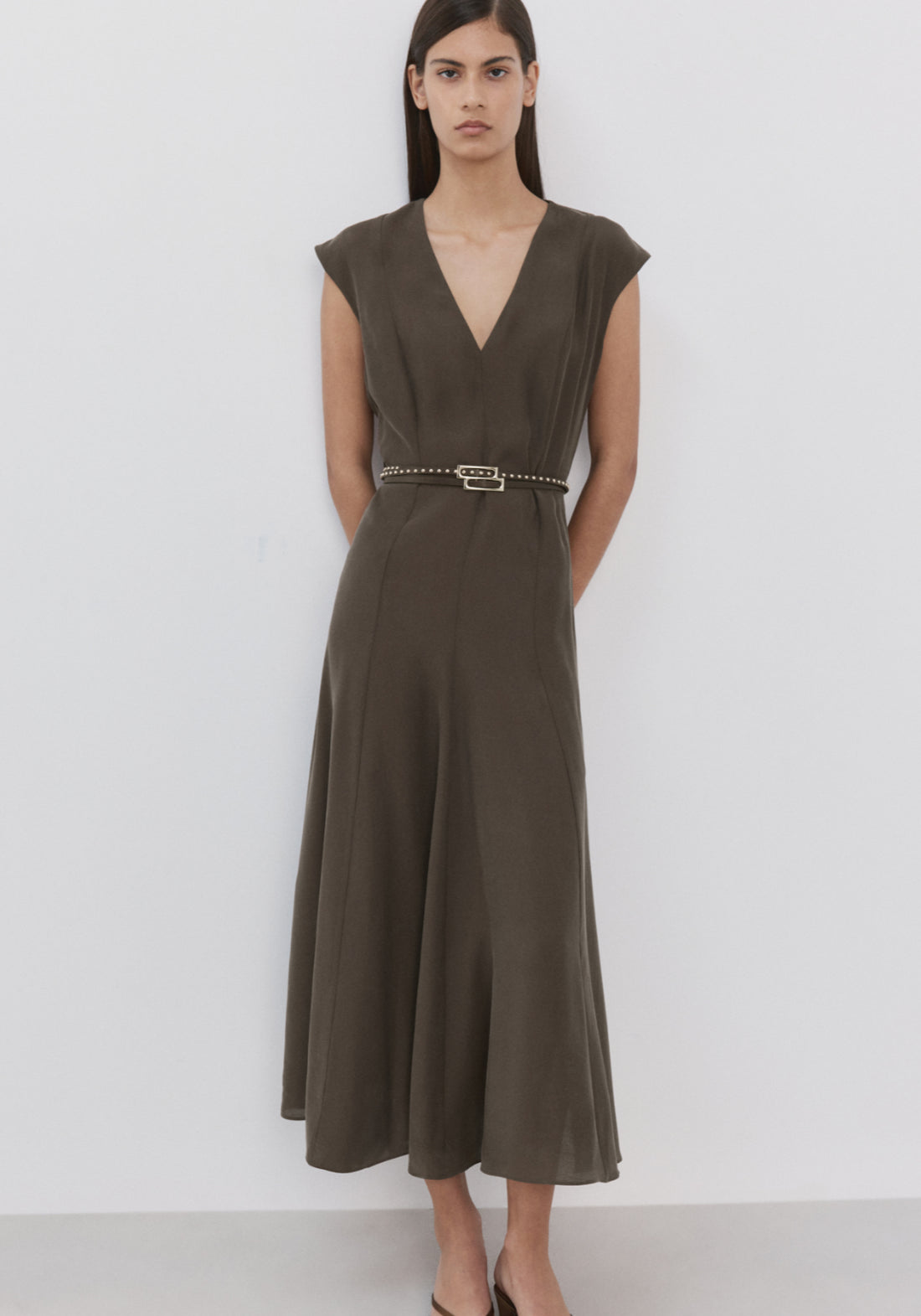 Double Belted Flared Dress - Brown