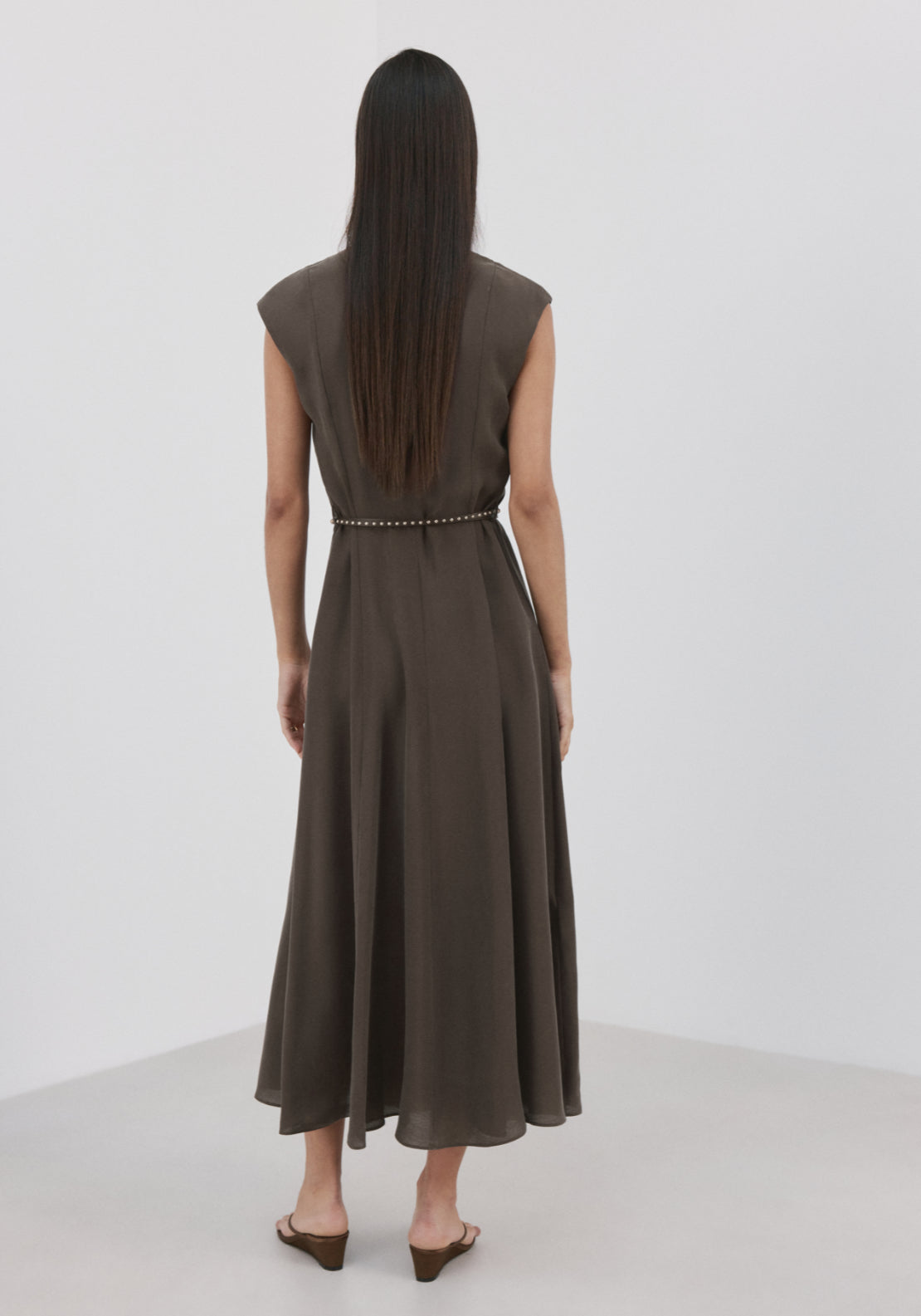 Double Belted Flared Dress - Brown