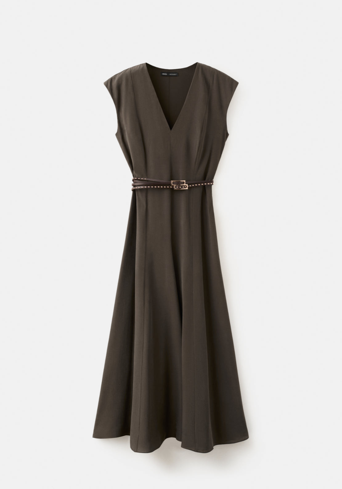 Double Belted Flared Dress - Brown