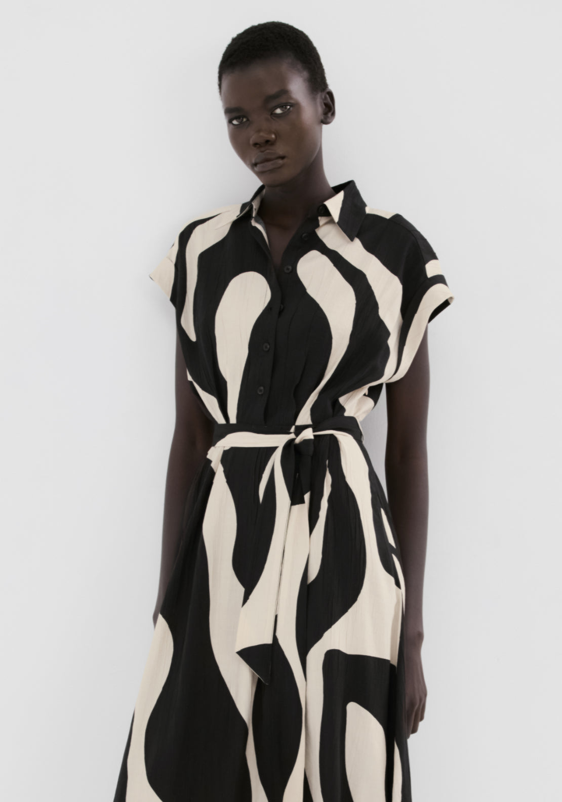 Long Printed Shirt Dress - Black