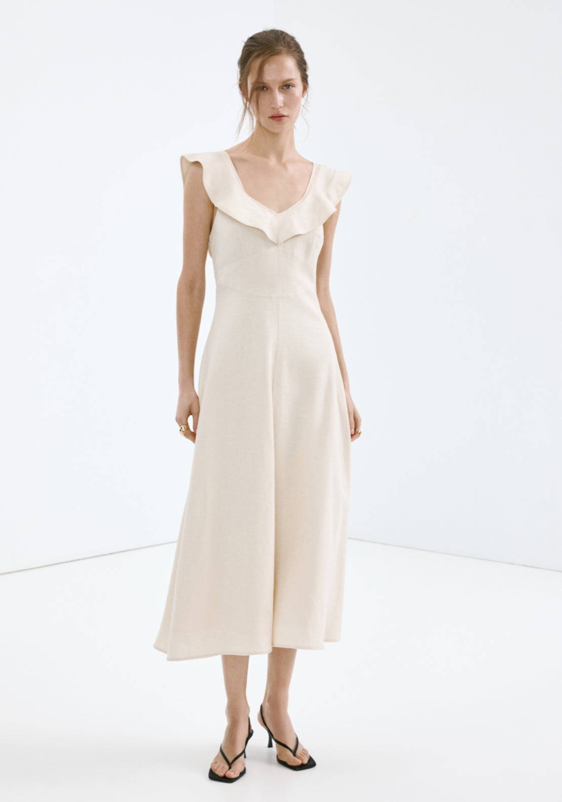 Ruffled Linen Dress - Brown