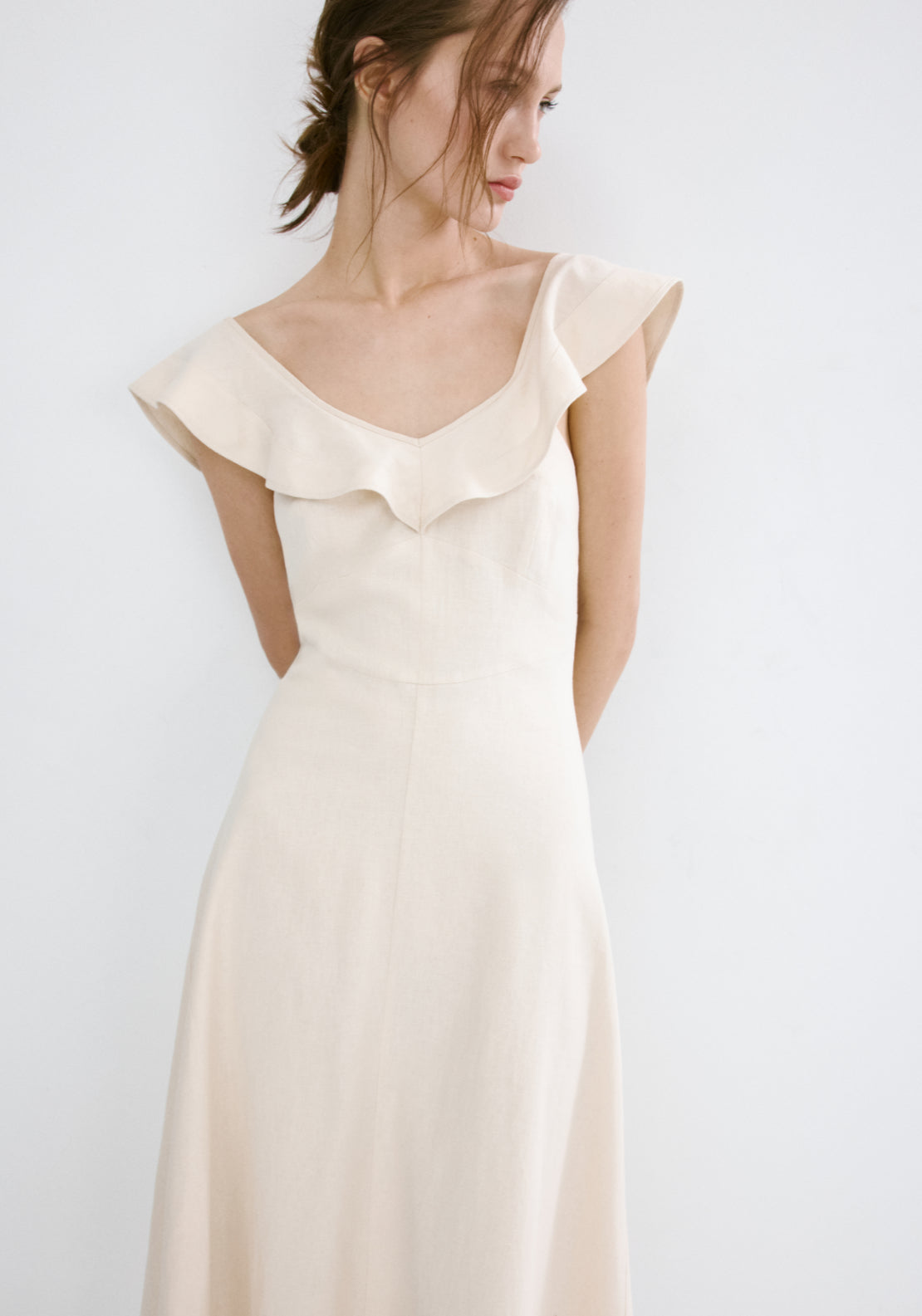Ruffled Linen Dress - Brown