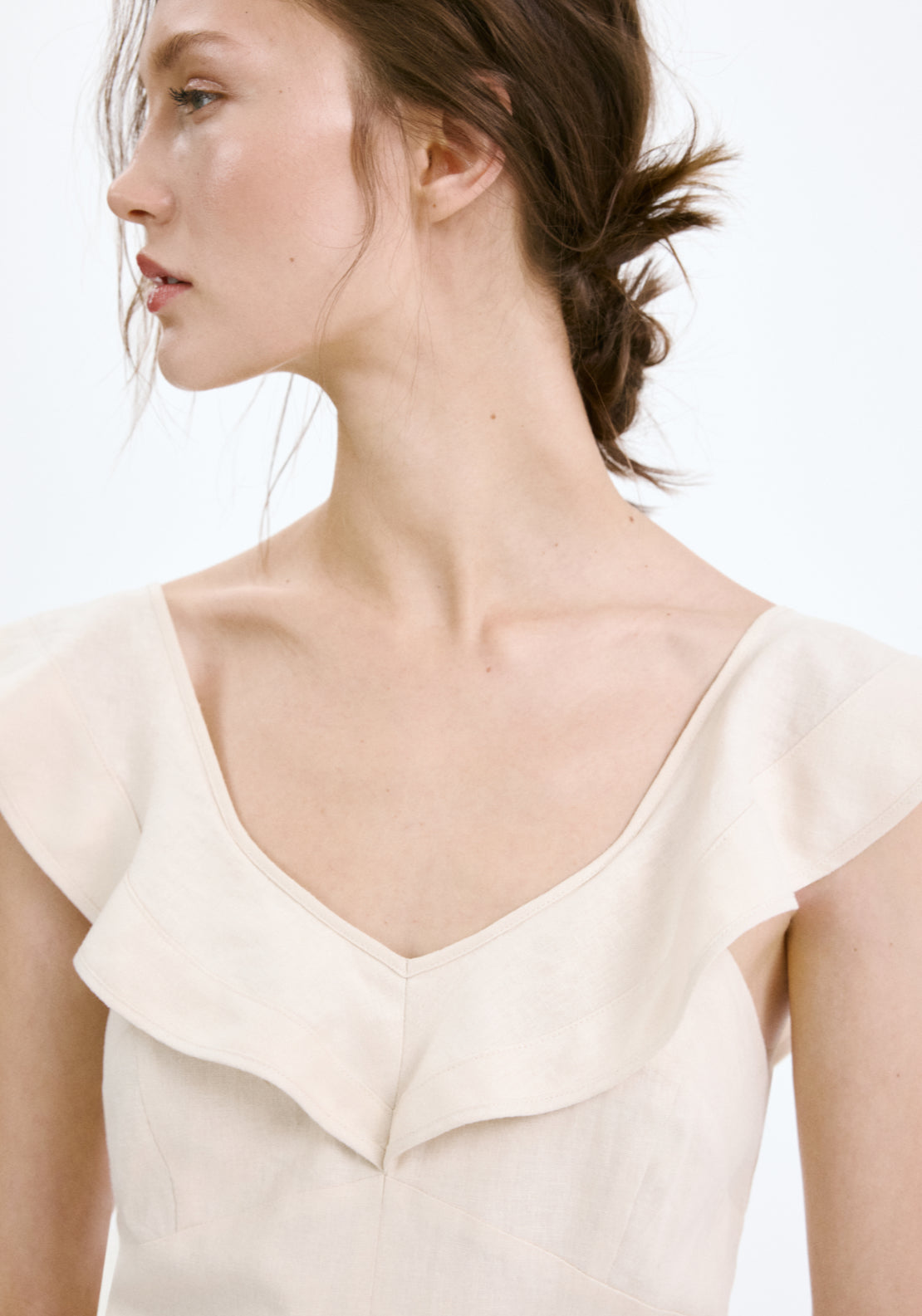 Ruffled Linen Dress - Brown