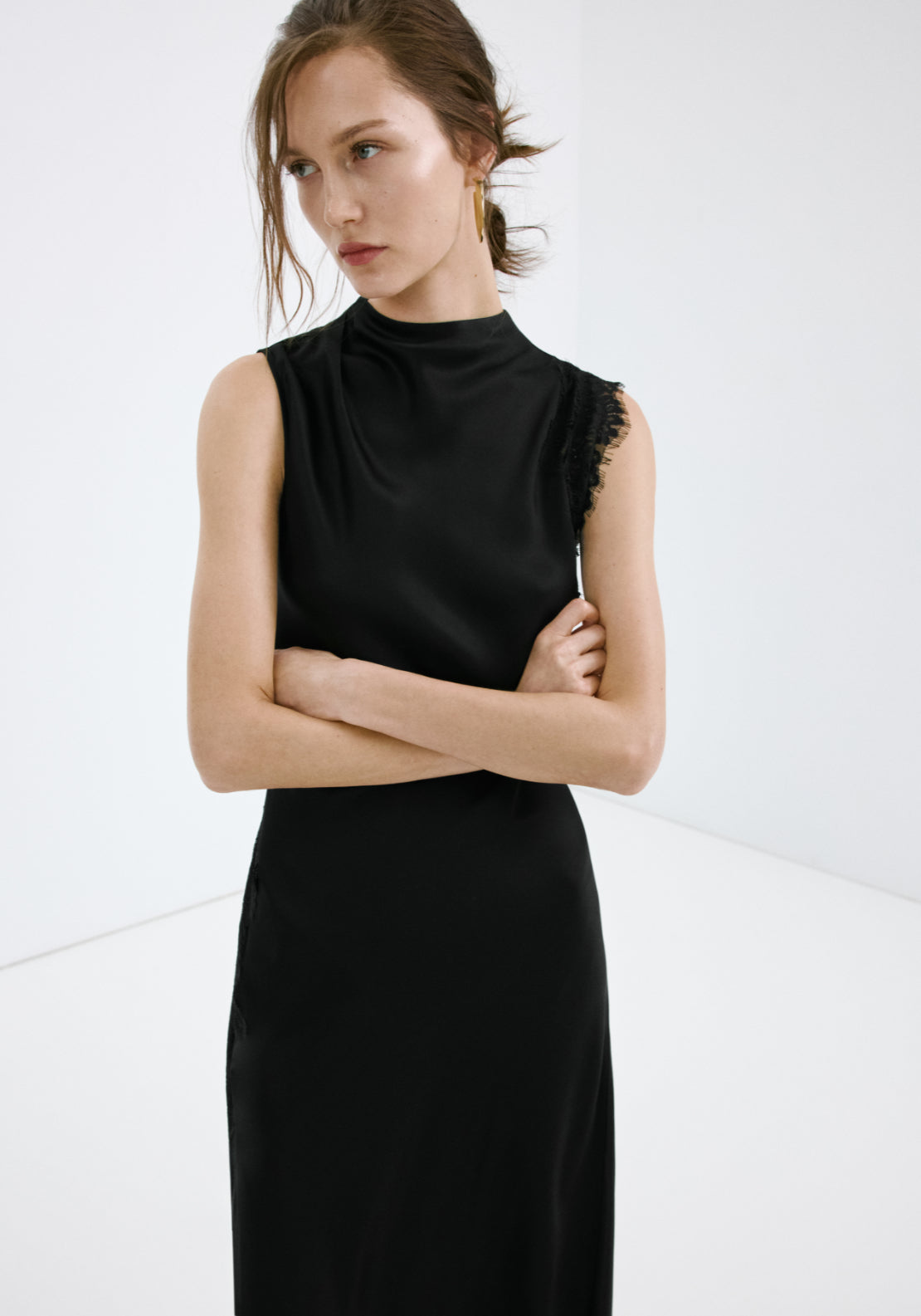 Satin Dress With Lace Details - Black