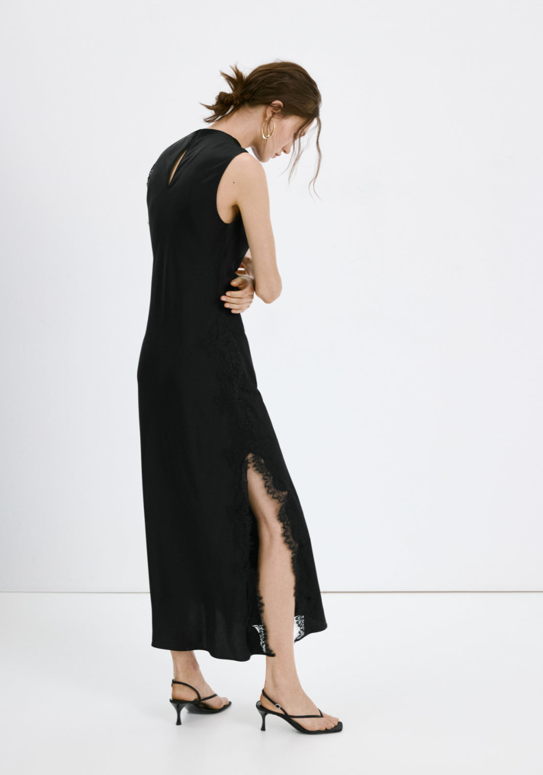 Satin Dress With Lace Details - Black