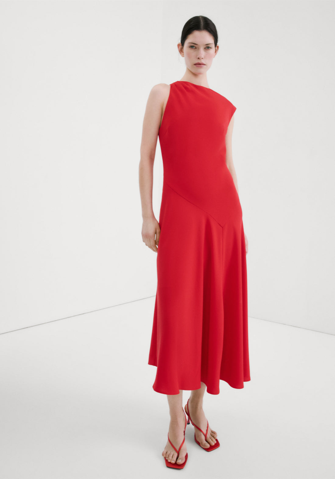 Asymmetric Sleeve Midi Dress - Red