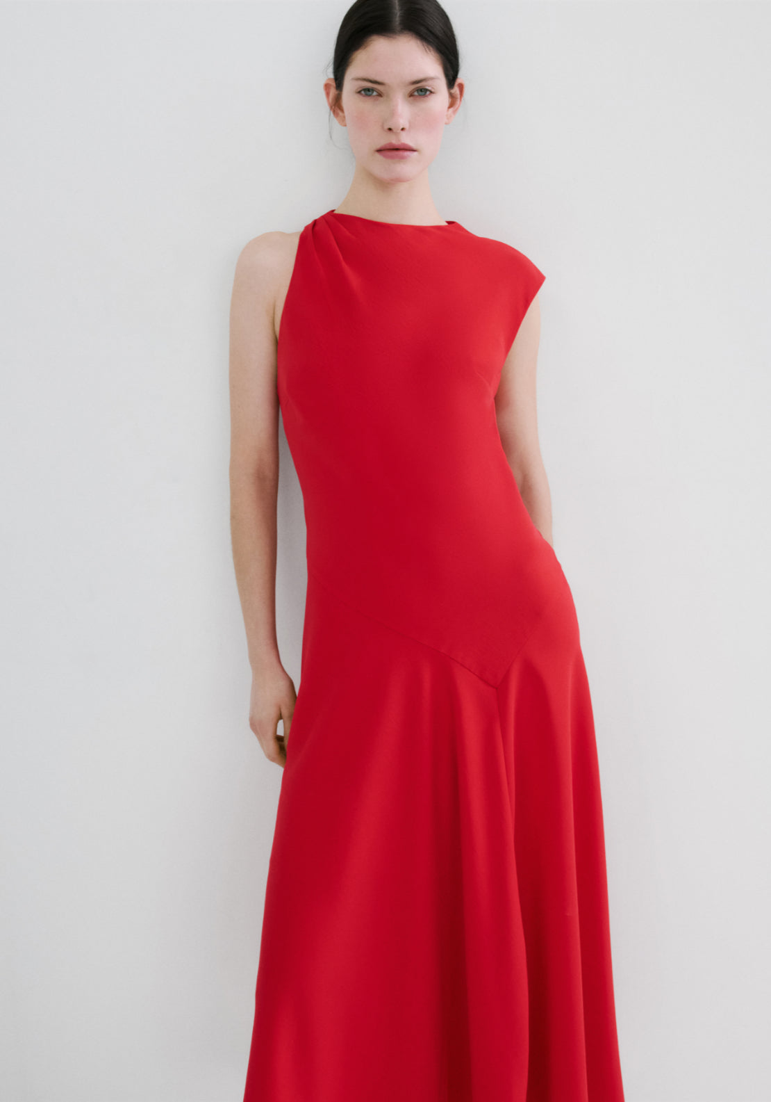 Asymmetric Sleeve Midi Dress - Red