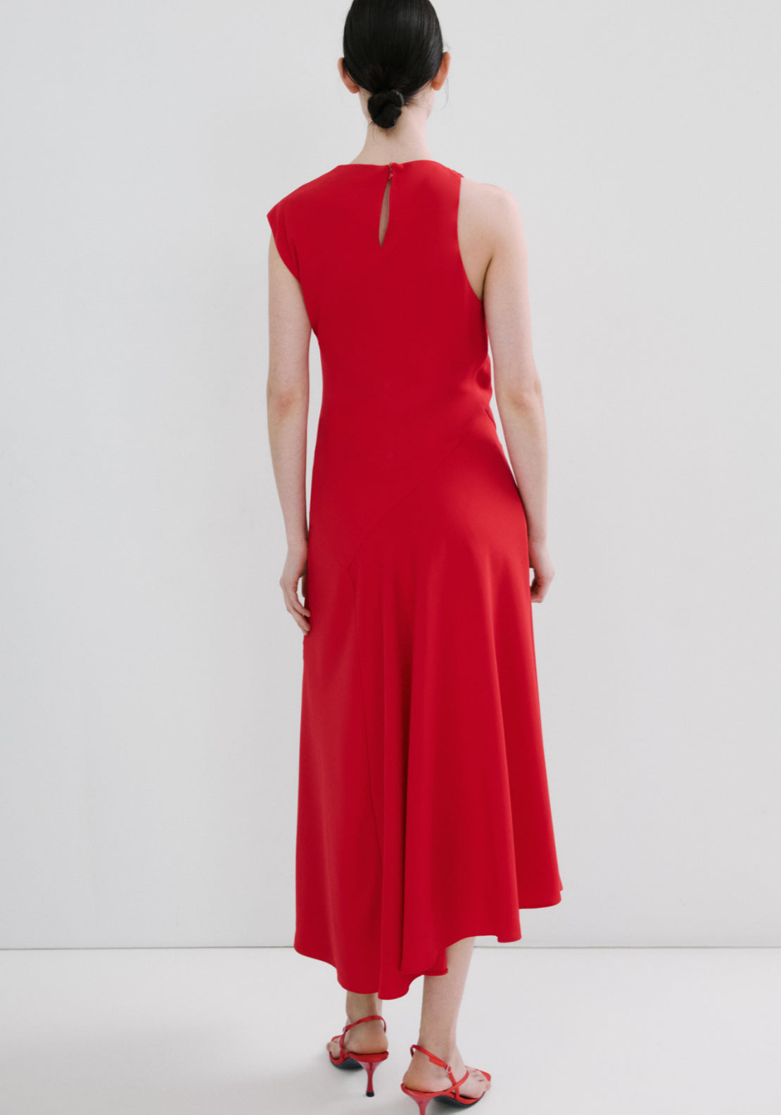 Asymmetric Sleeve Midi Dress - Red