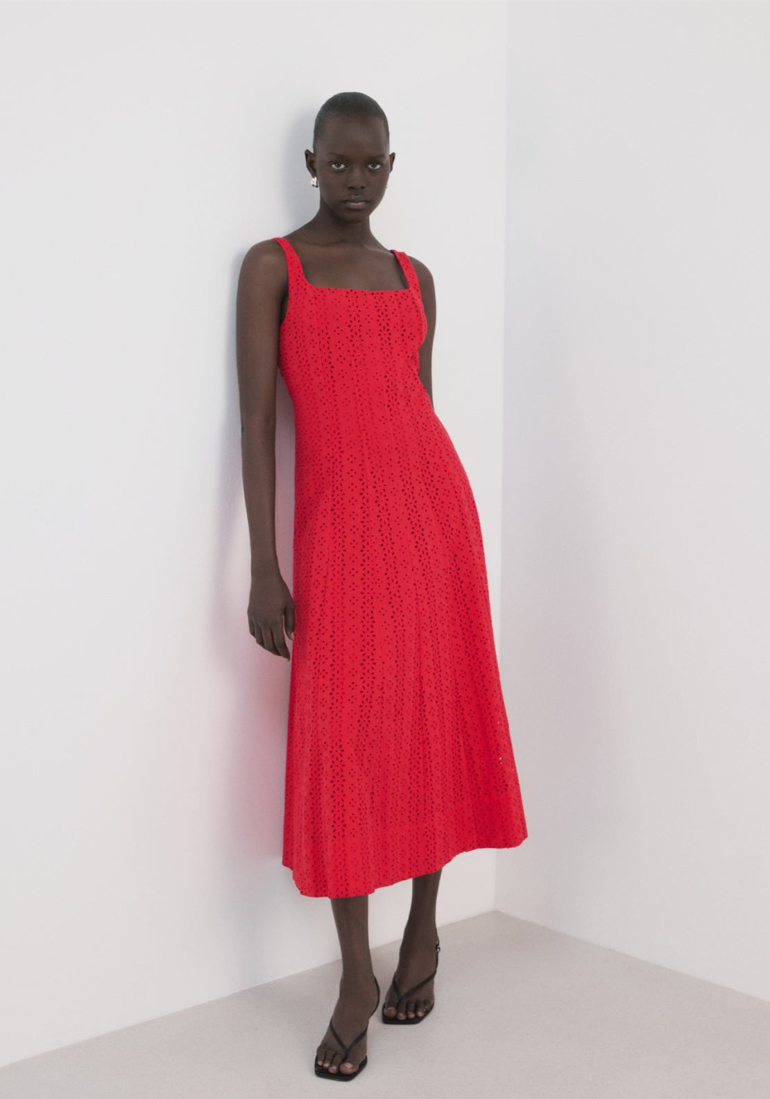 Embroidered Cutwork A-Line Dress - Red