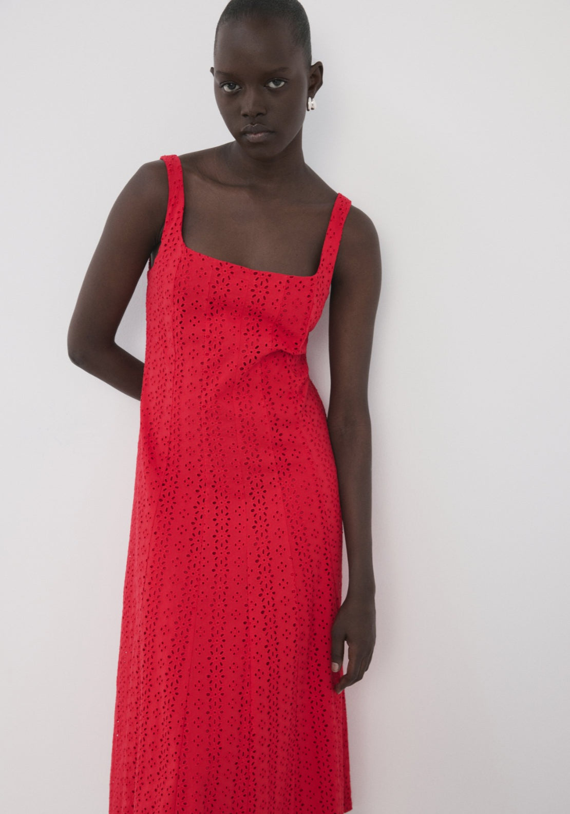 Embroidered Cutwork A-Line Dress - Red