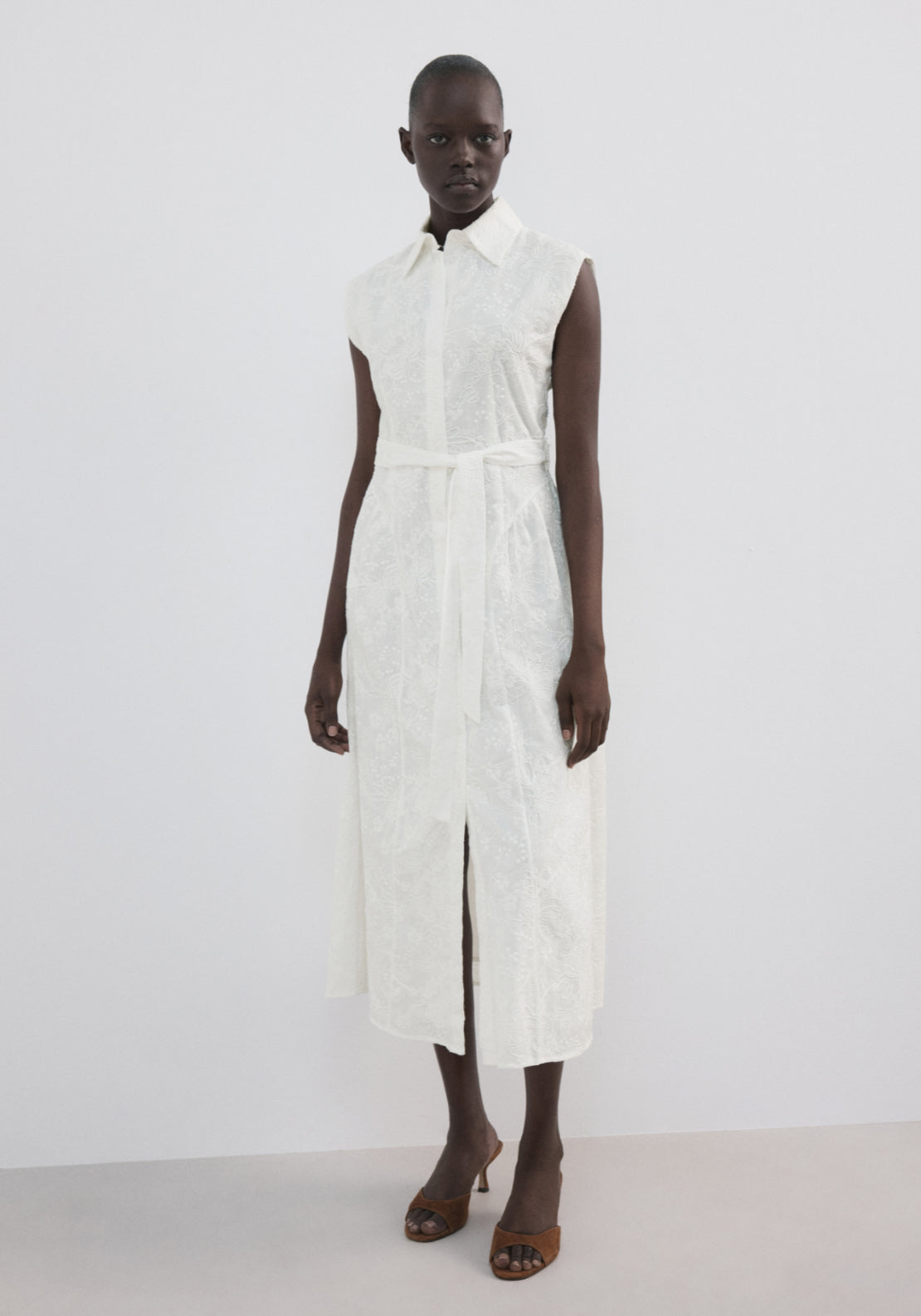 Embroidered Belt Dress - White