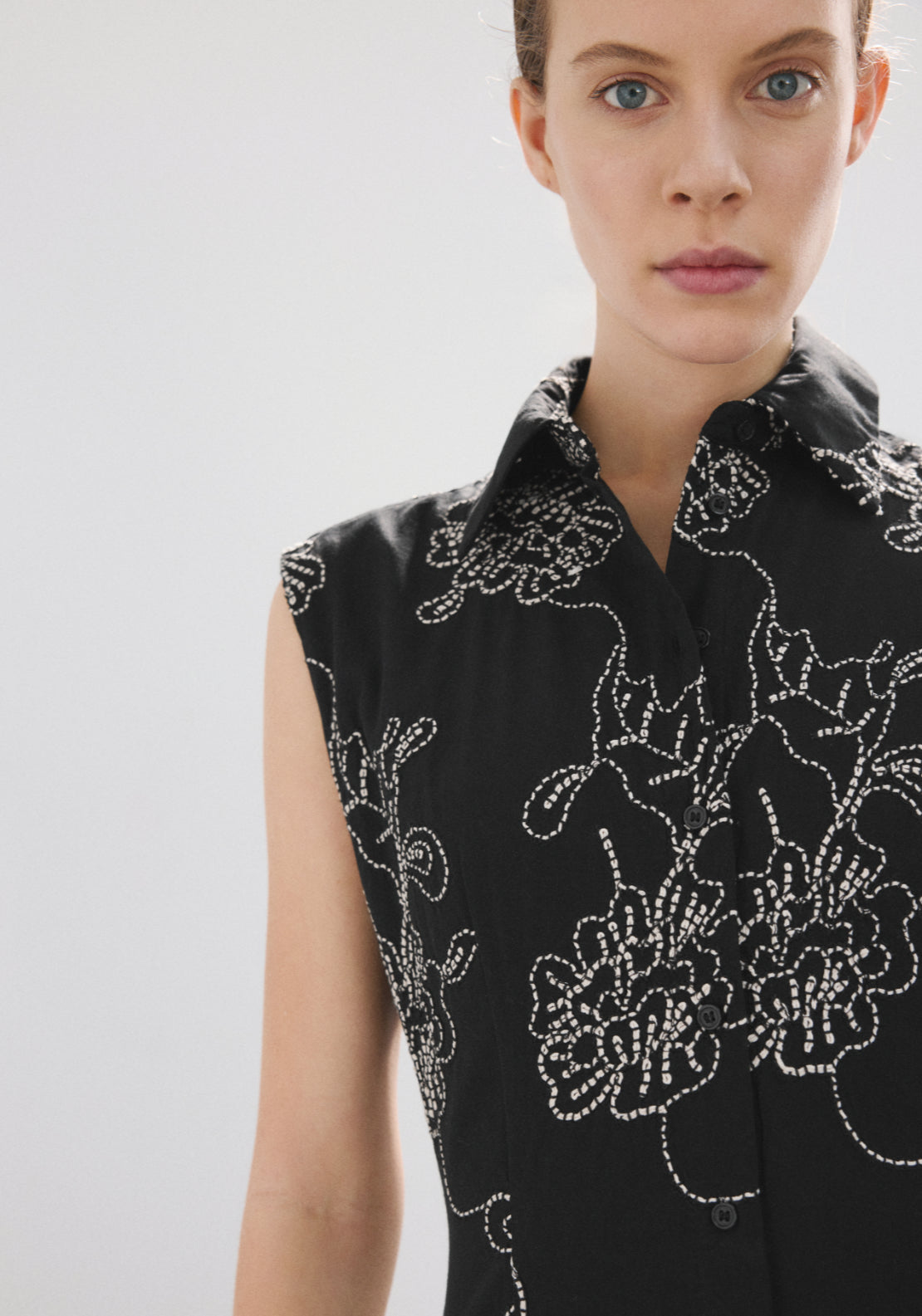 Embroidered Floral Shirt Dress - Black