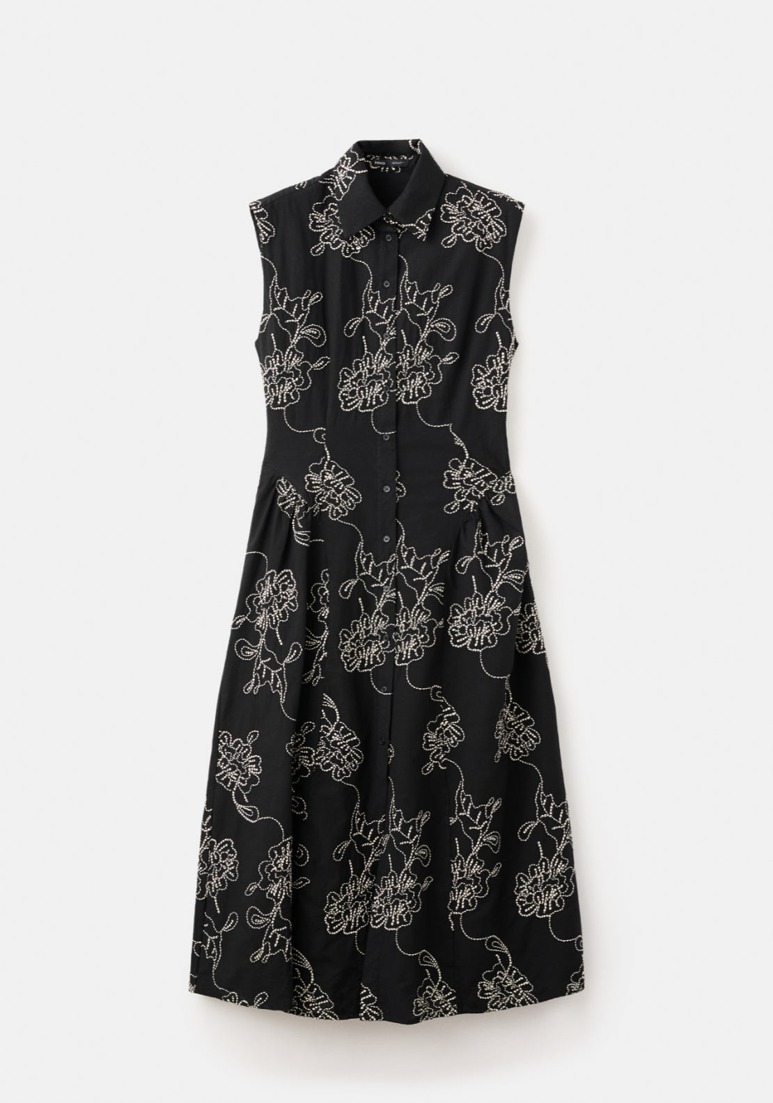 Embroidered Floral Shirt Dress - Black