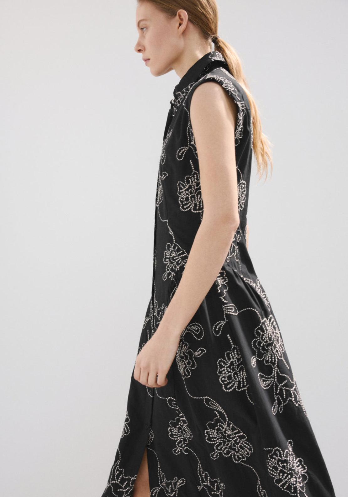 Embroidered Floral Shirt Dress - Black