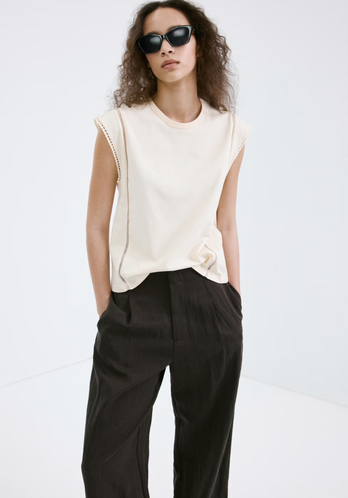 Mango 100% Cotton Marea Embroidered Cutwork Cotton T-Shirt - Cream 1 Shaws Department Stores