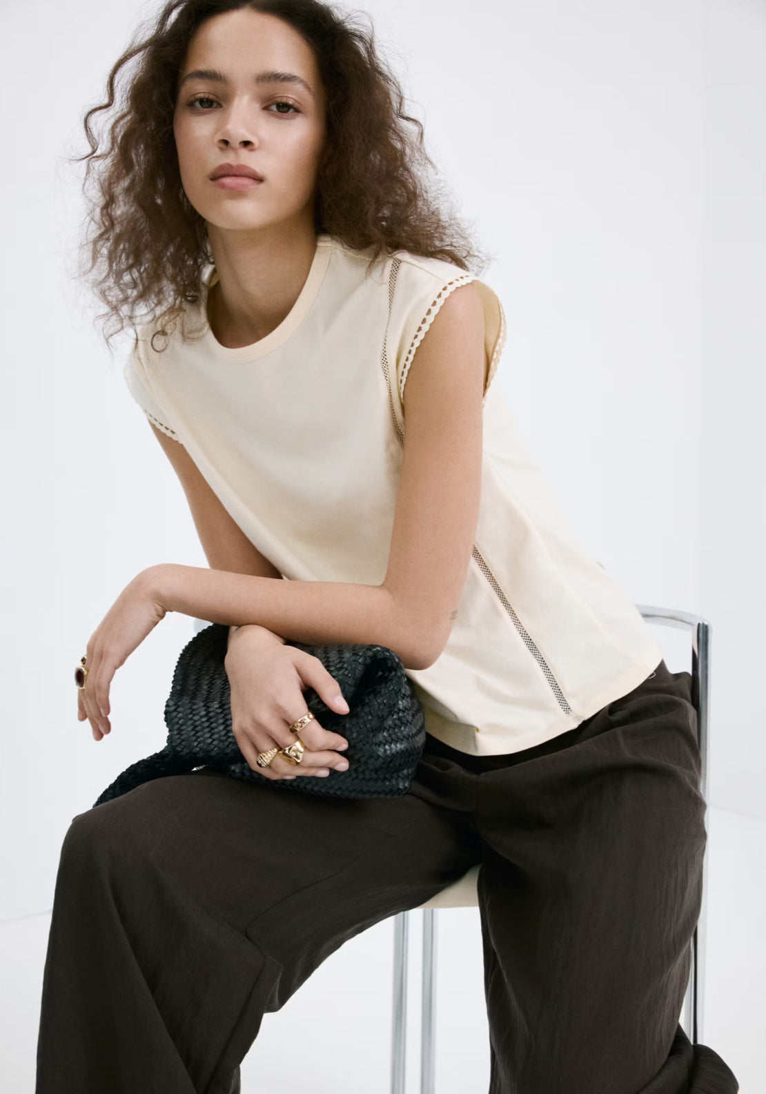Mango 100% Cotton Marea Embroidered Cutwork Cotton T-Shirt - Cream 5 Shaws Department Stores
