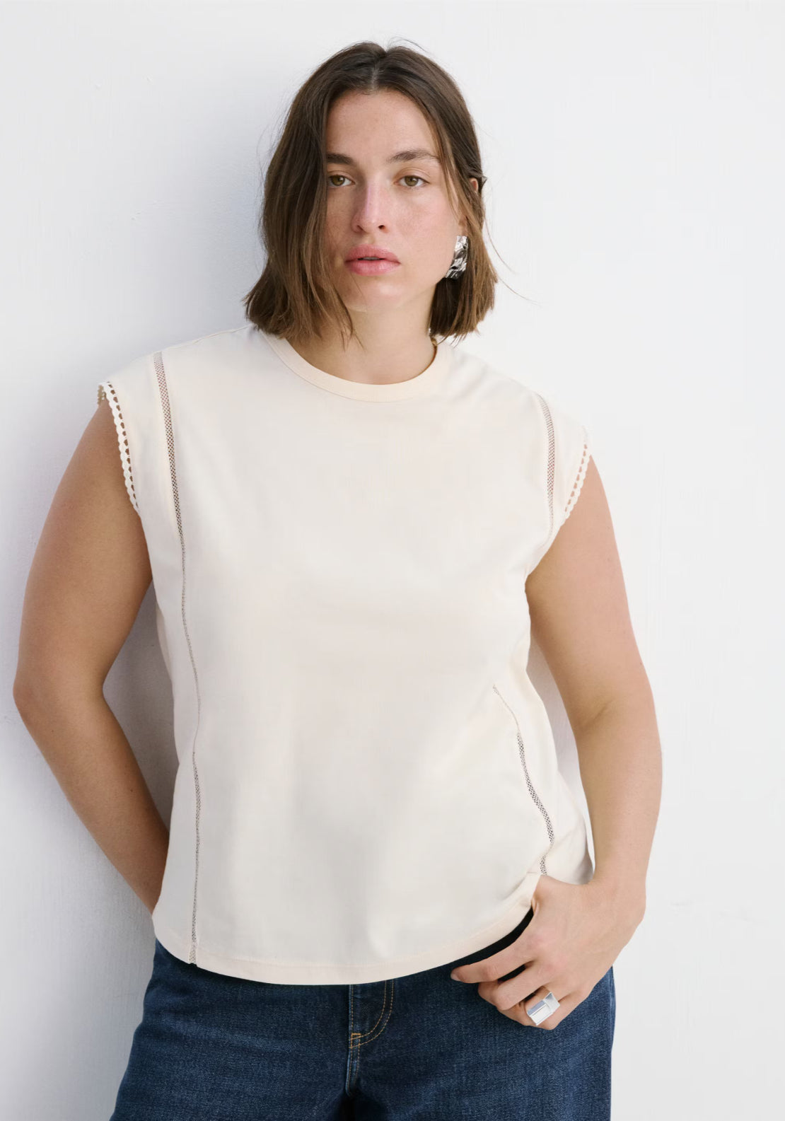 Mango 100% Cotton Marea Embroidered Cutwork Cotton T-Shirt - Cream 6 Shaws Department Stores