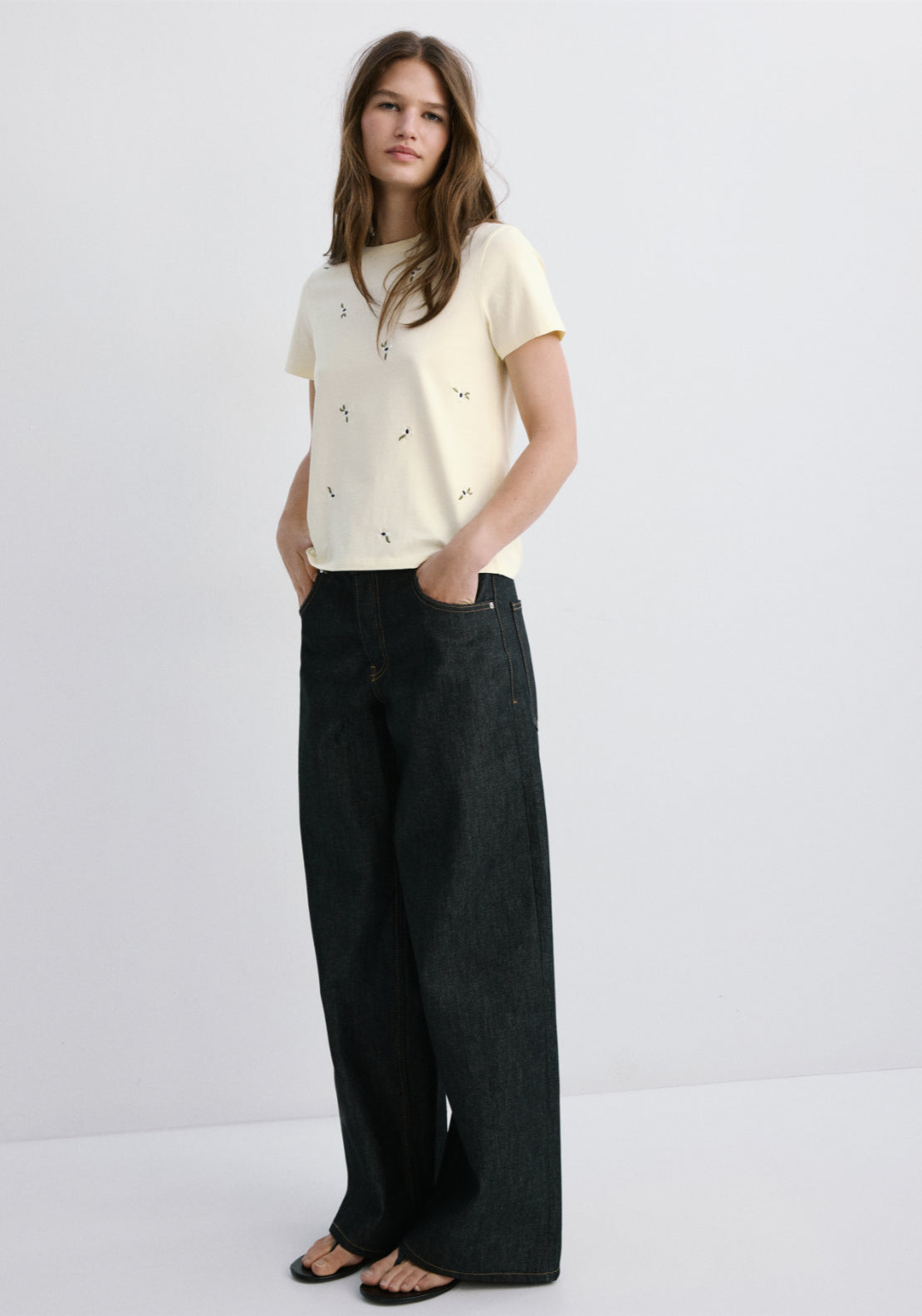 Floral Embroidered Cotton T-Shirt - Yellow