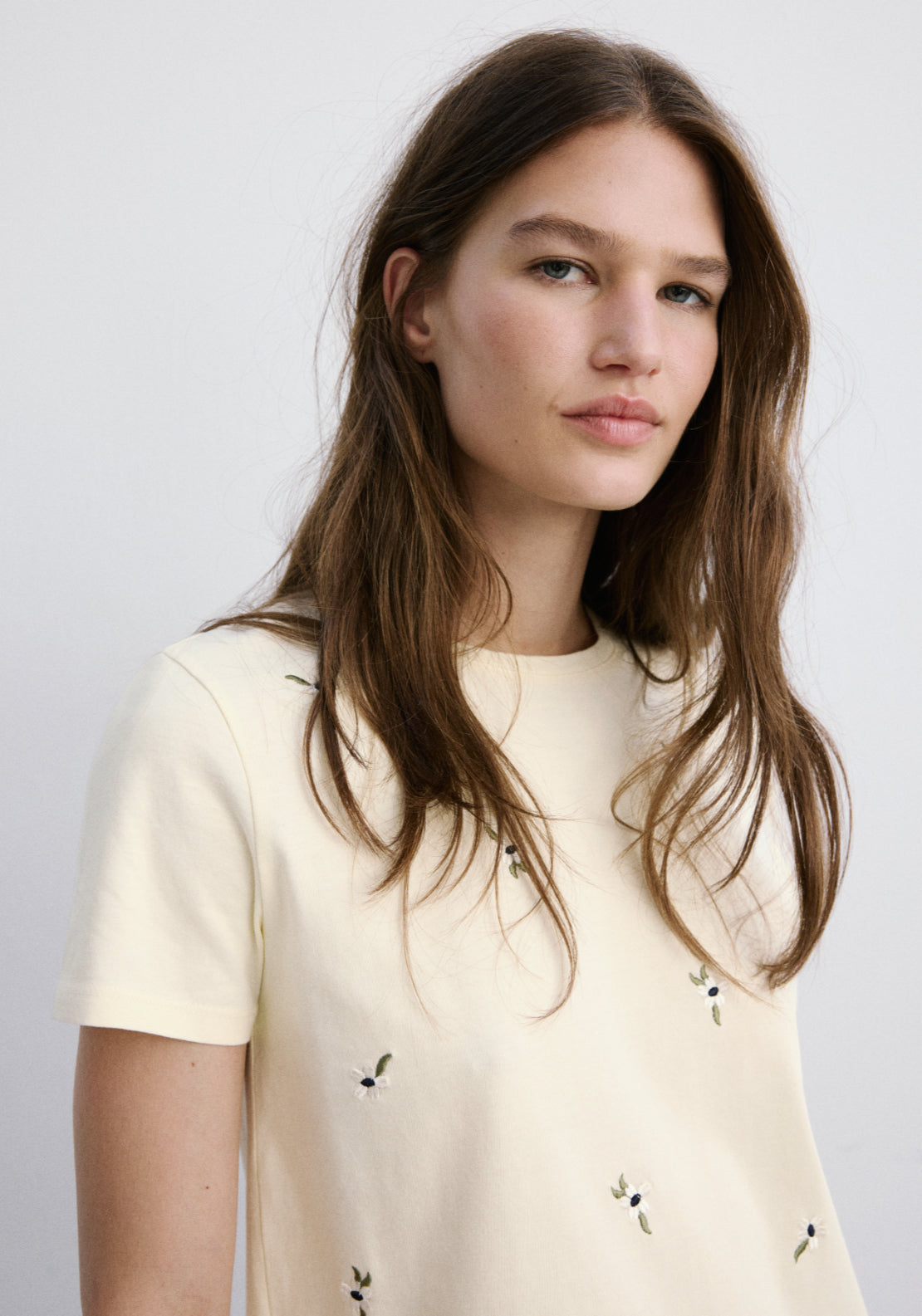 Floral Embroidered Cotton T-Shirt - Yellow