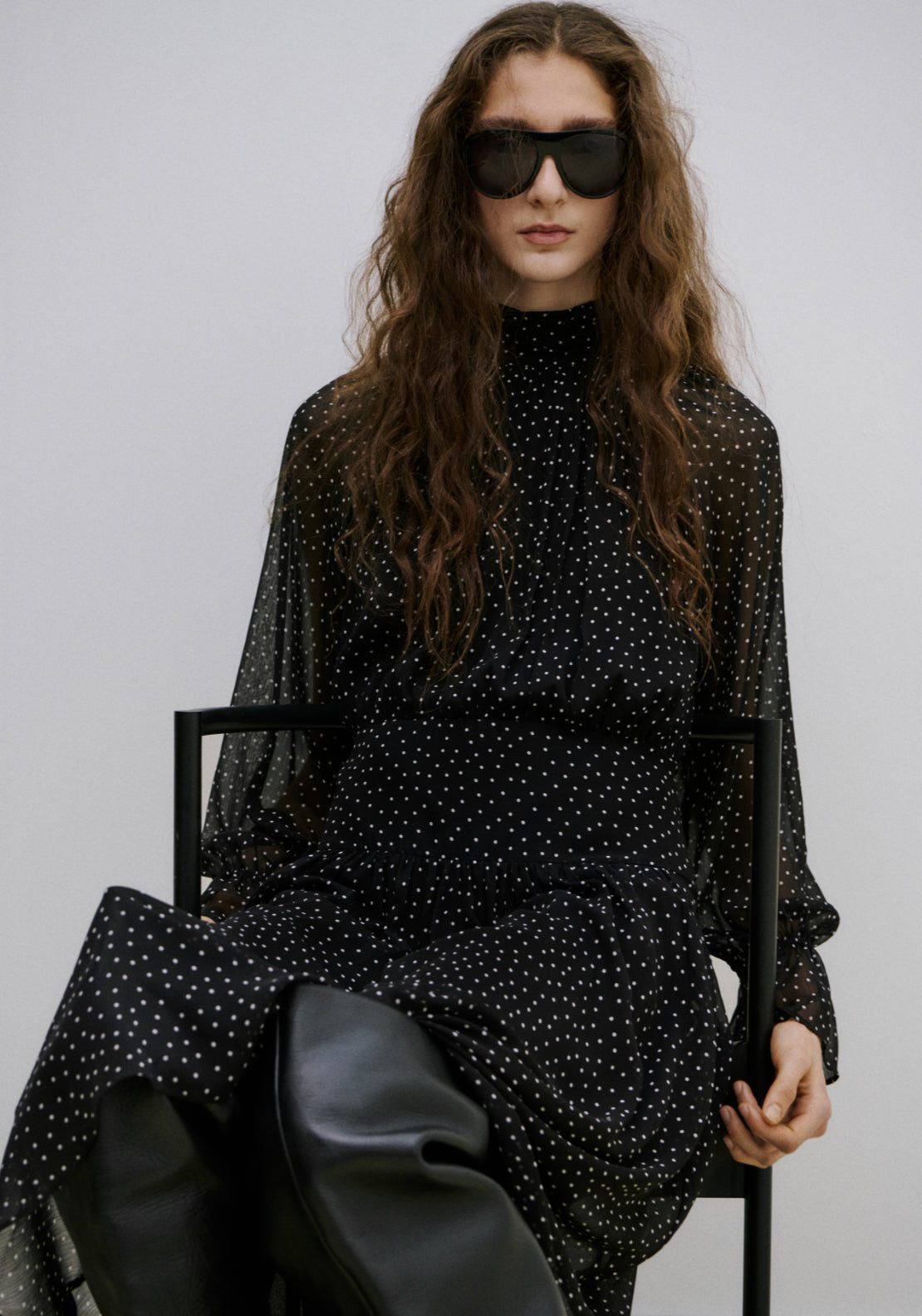 Polka Dot Dress With Puffed Sleeves - Black