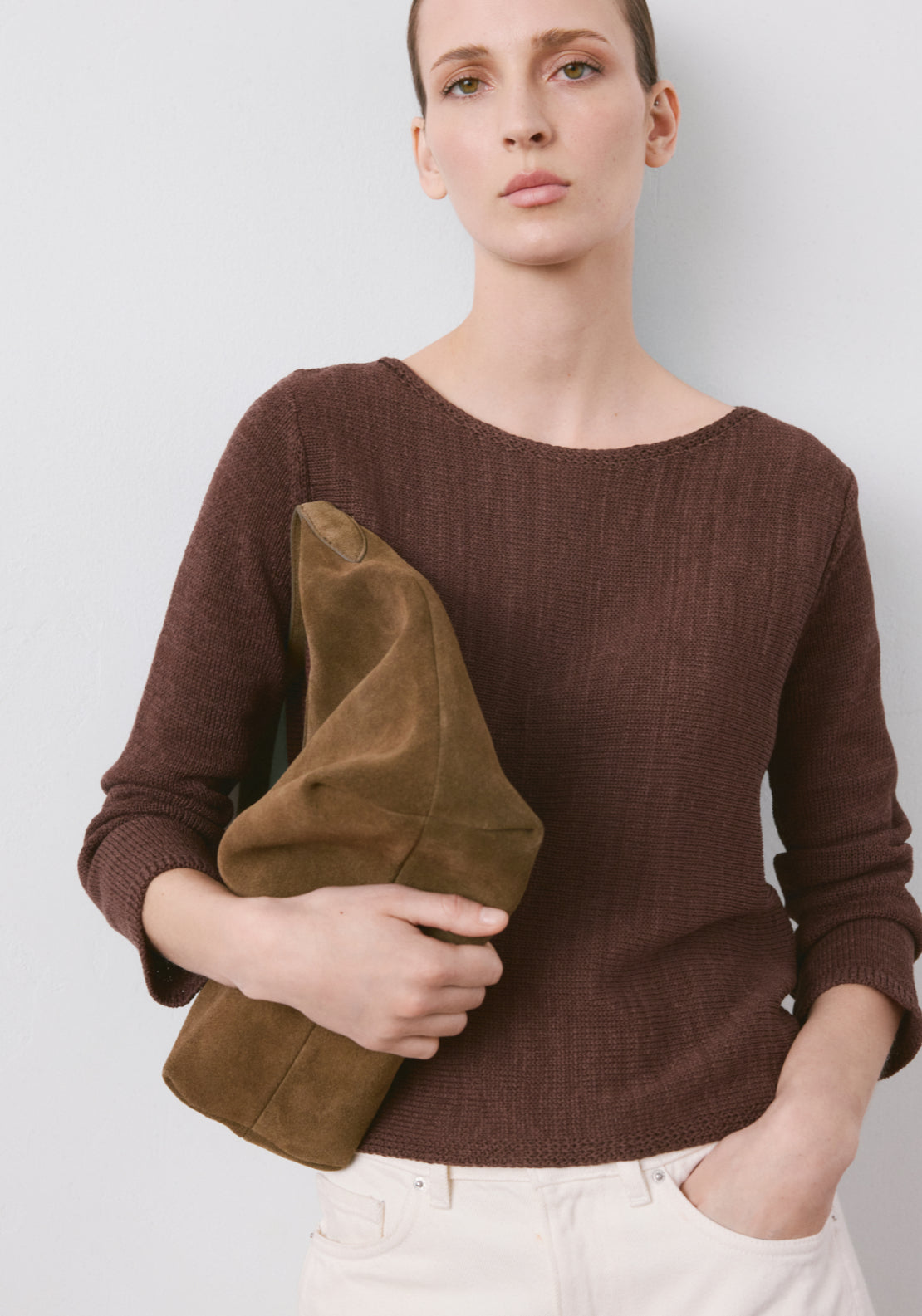 Mango Open Knit Long-Sleeve Jumper - Brown 1 Shaws Department Stores
