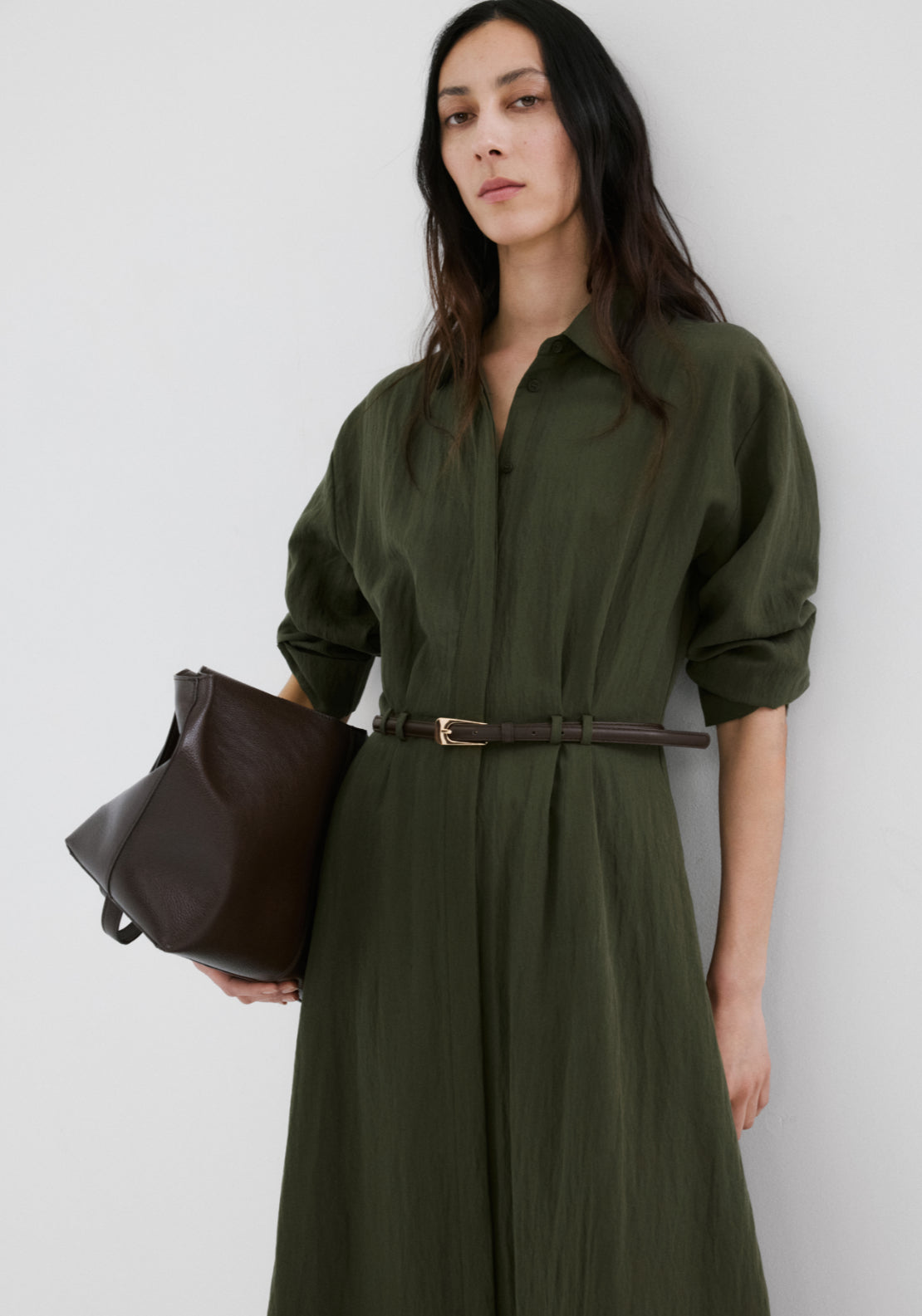 Lyocell Belted Shirt Dress - Green