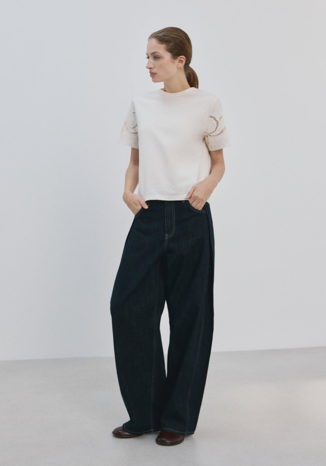 Embroidered Cutwork Cotton T-Shirt - Cream