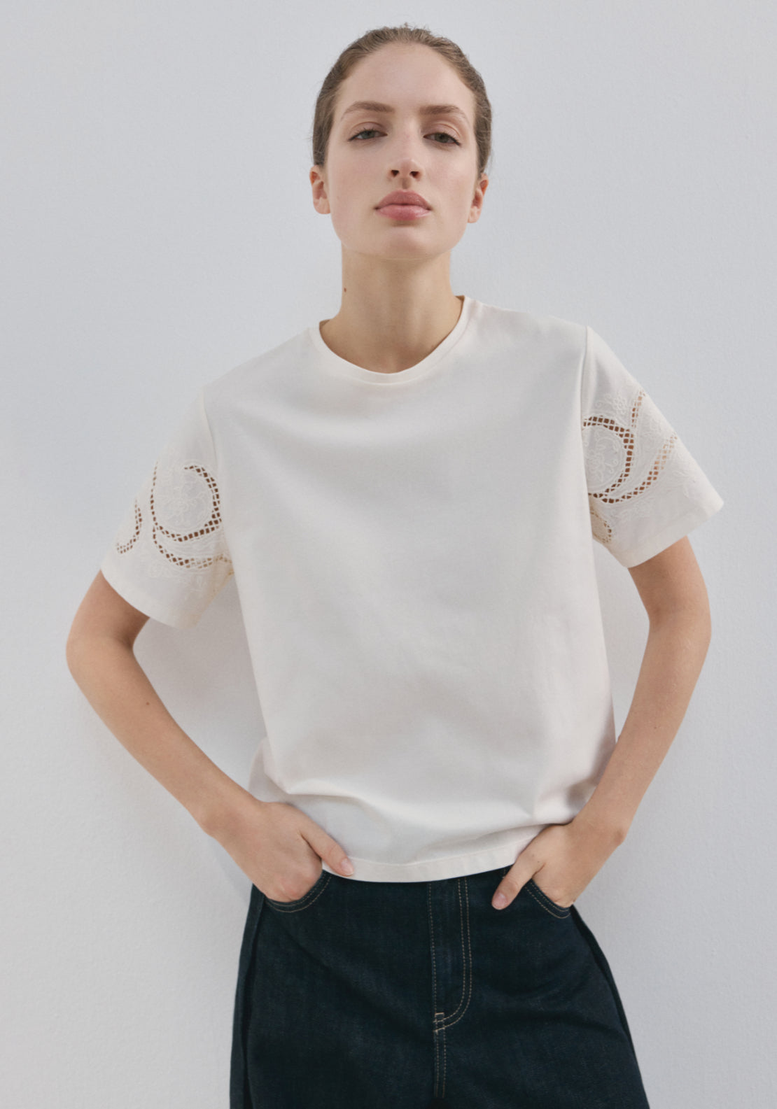 Embroidered Cutwork Cotton T-Shirt - Cream