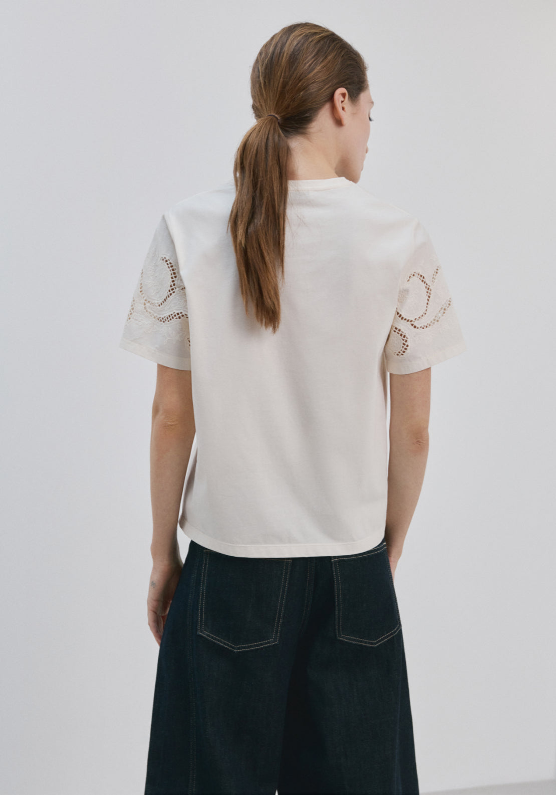 Embroidered Cutwork Cotton T-Shirt - Cream