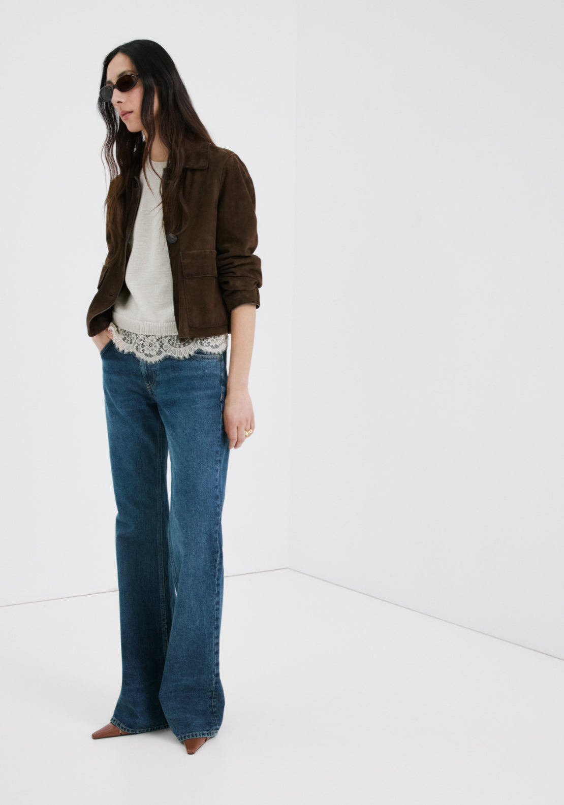 Ribbed Lace Trimmed Jumper - Beige