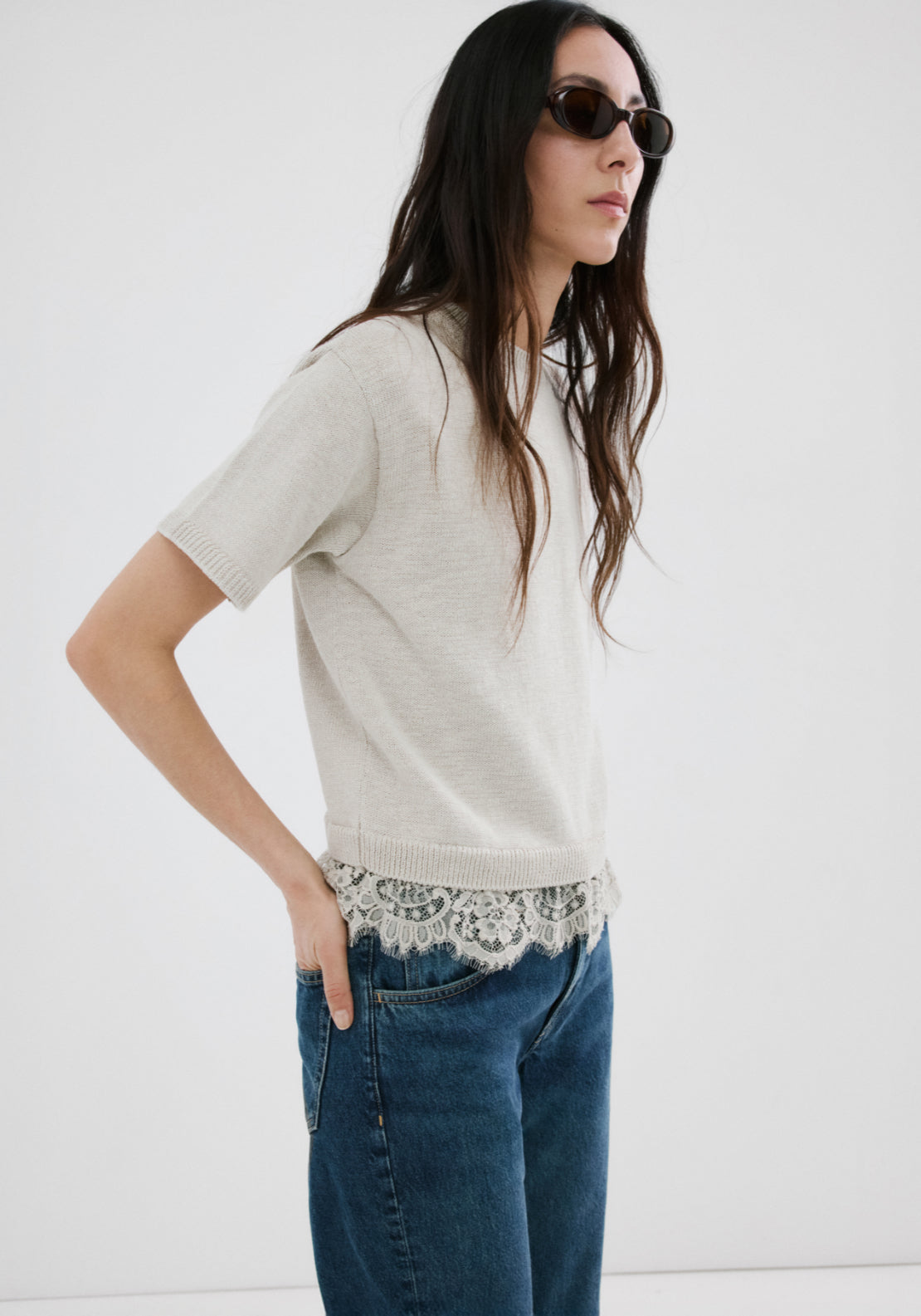 Ribbed Lace Trimmed Jumper - Beige